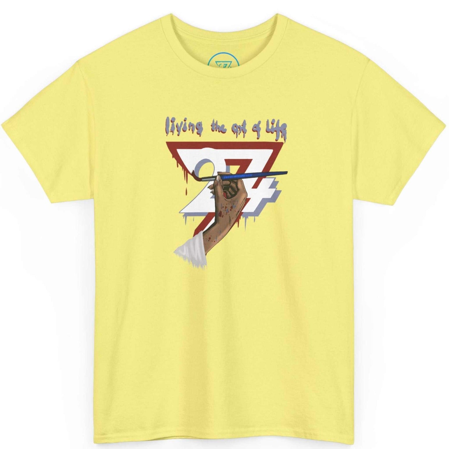 Light yellow corn silk cool art shirt for women showcasing the bold creative artwork, laid flat.