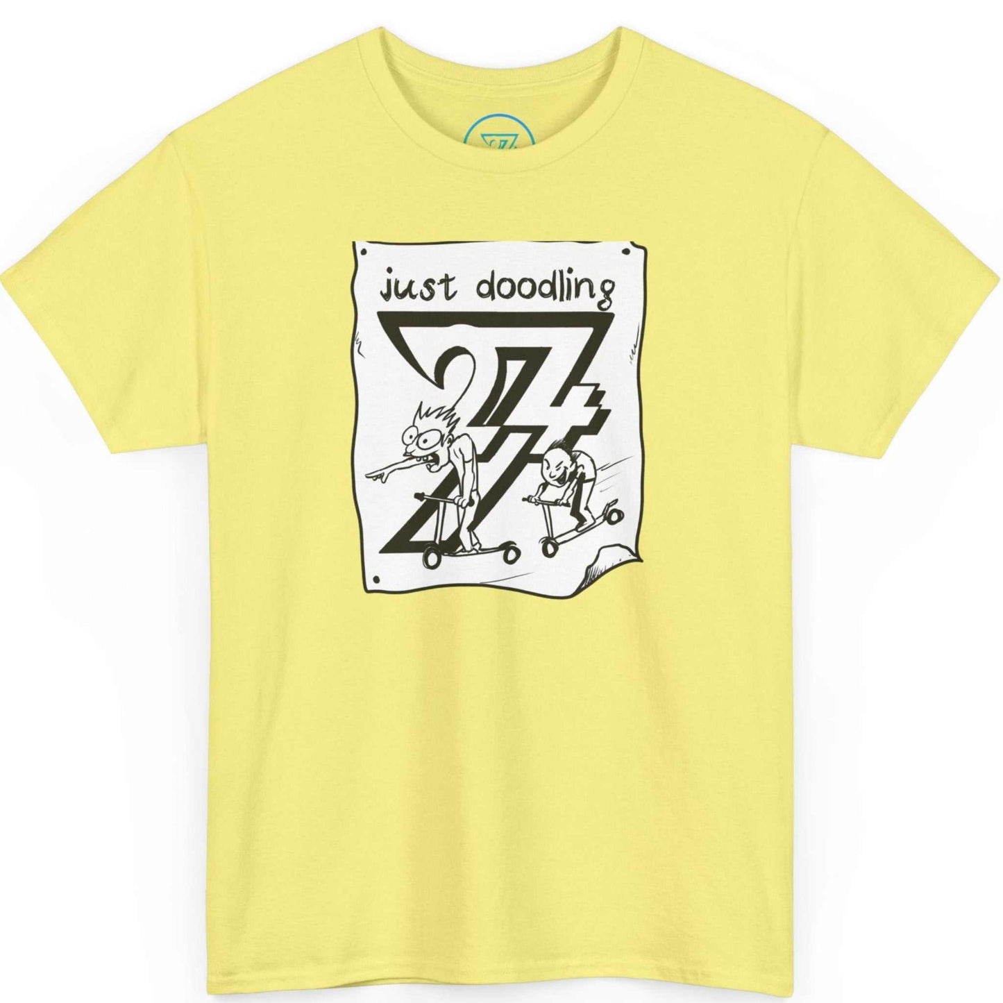Light yellow corn silk funny drawing shirt showcasing the playful scooter illustration, laid flat.