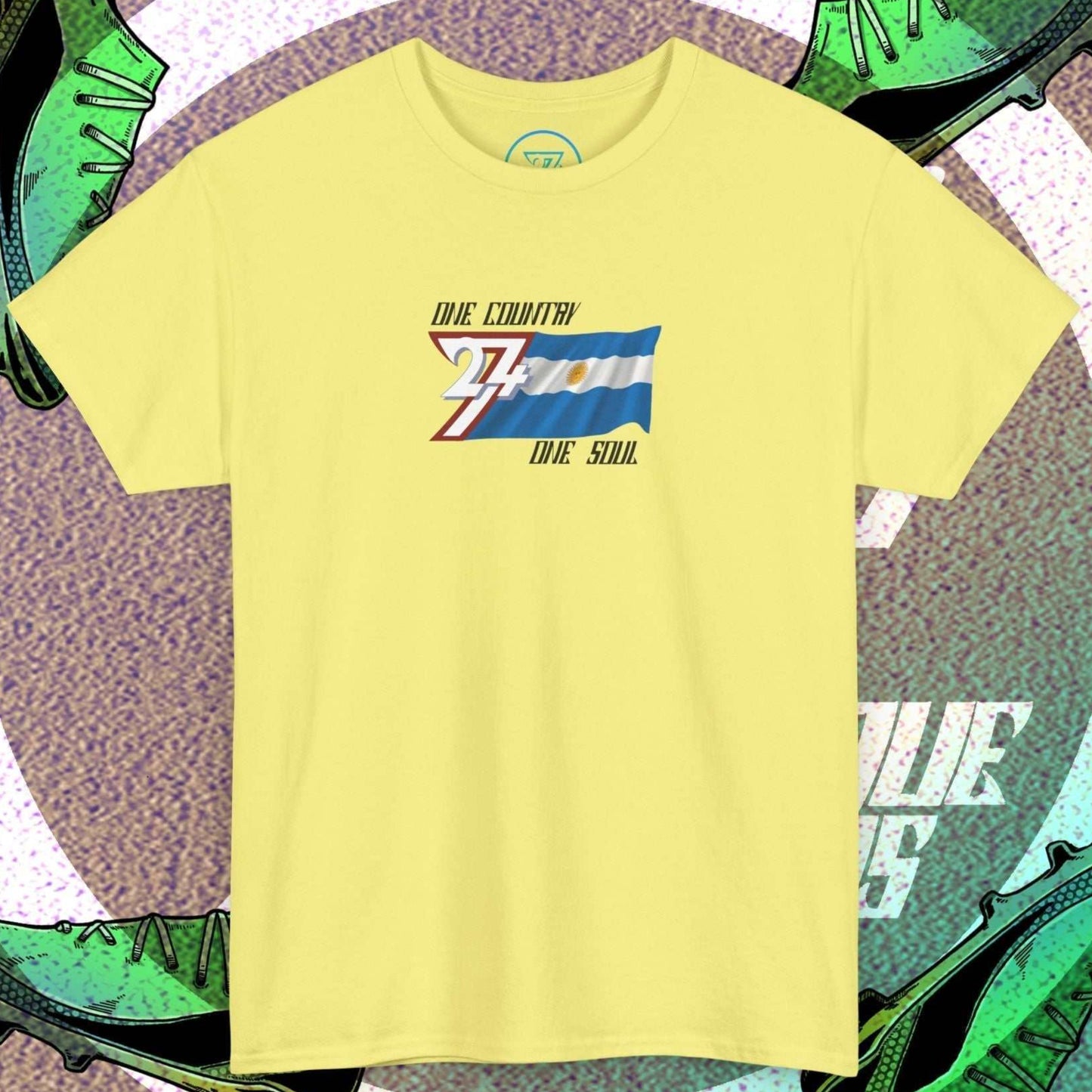 Complete front-on display of the Cornsilk Argentina heritage t-shirt with the hand-drawn flag.