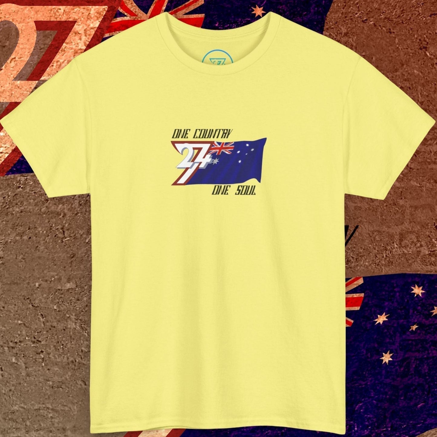Complete front-on display of the Cornsilk Australia heritage t-shirt with the hand-drawn flag.