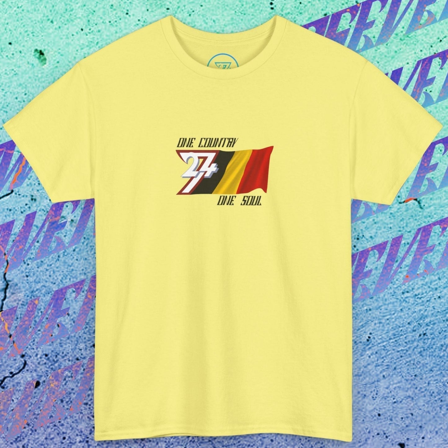 Complete front-on display of the Cornsilk Belgium heritage t-shirt with the hand-drawn flag.