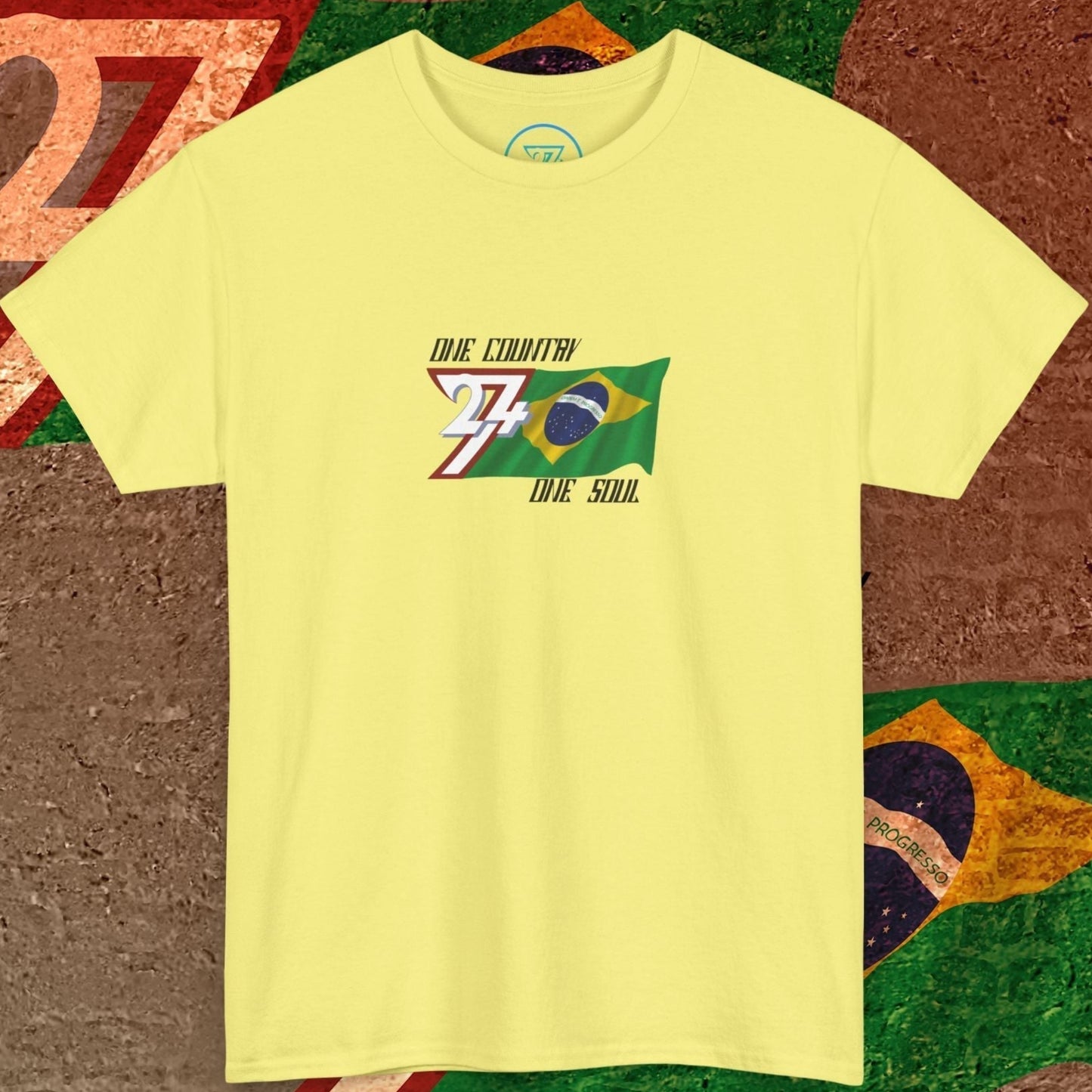 Complete front-on display of the Cornsilk Brazil heritage t-shirt with the hand-drawn flag.