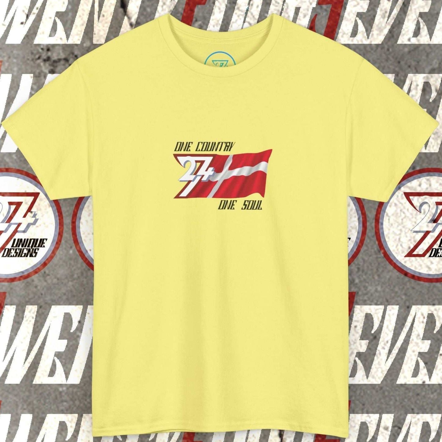 Complete front-on display of the Cornsilk Denmark heritage t-shirt with the hand-drawn flag.