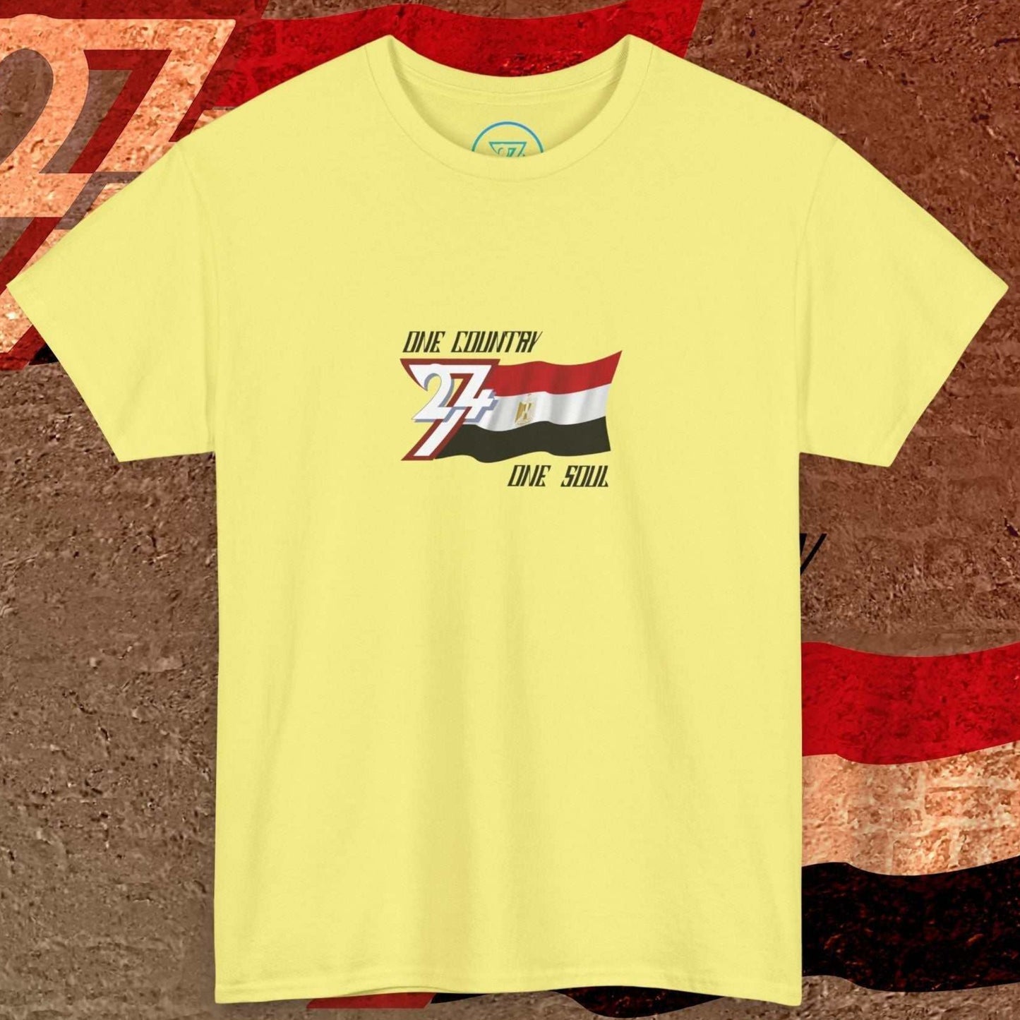 Complete front-on display of the Cornsilk Egypt heritage t-shirt with the hand-drawn flag.