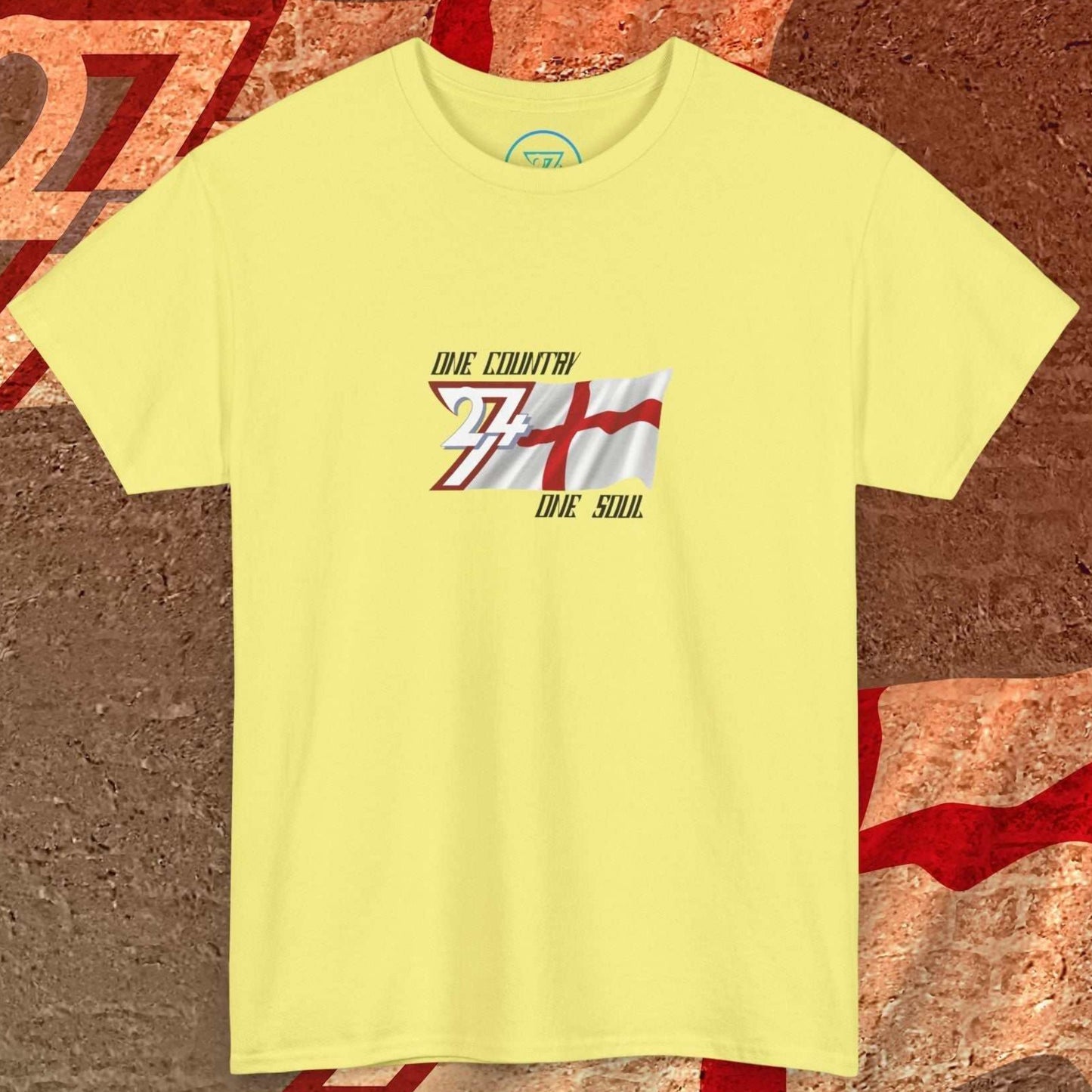 Complete front-on display of the Cornsilk England heritage t-shirt with the hand-drawn flag and soul signature.
