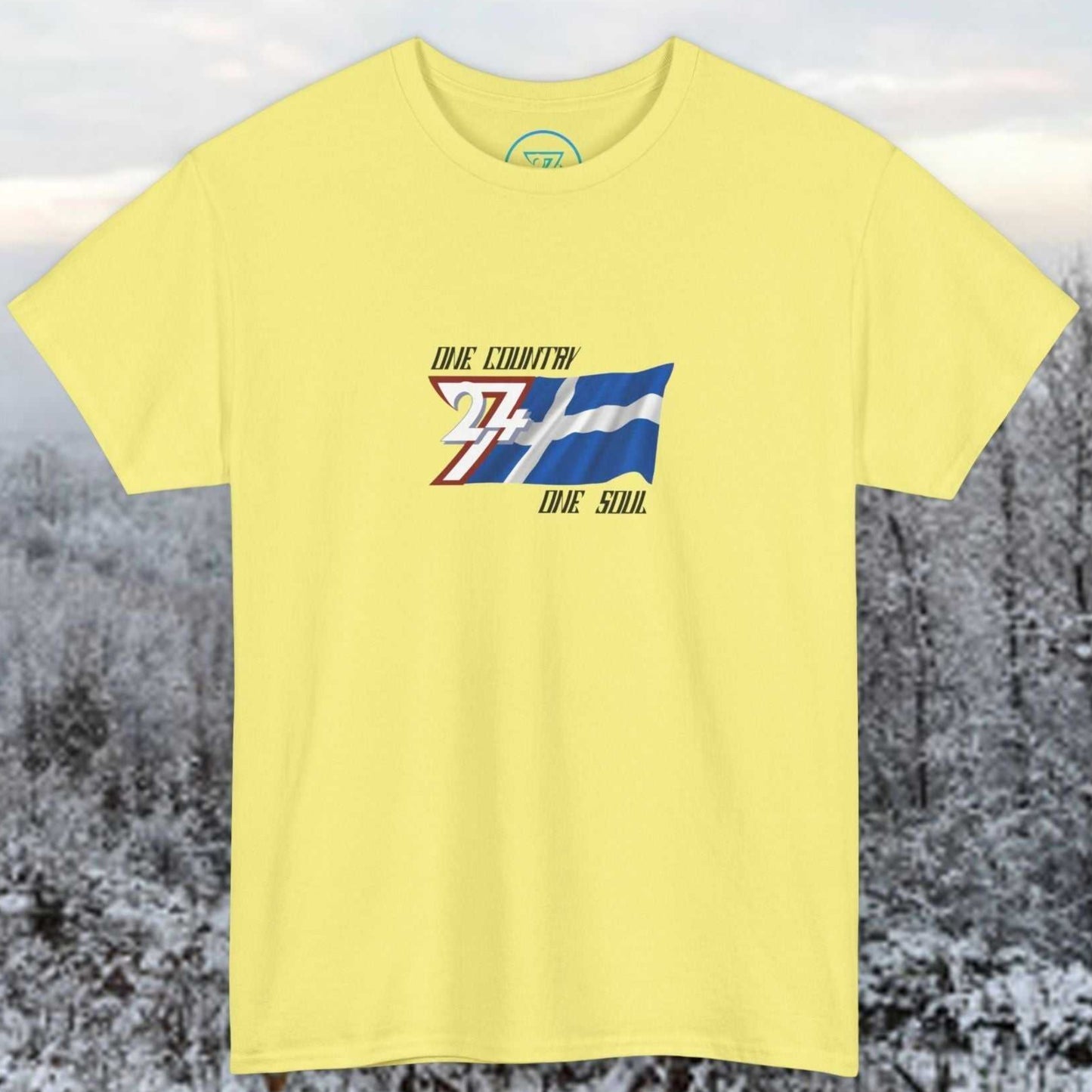 Complete front-on display of the Cornsilk Finland heritage t-shirt with the hand-drawn flag and soul signature.