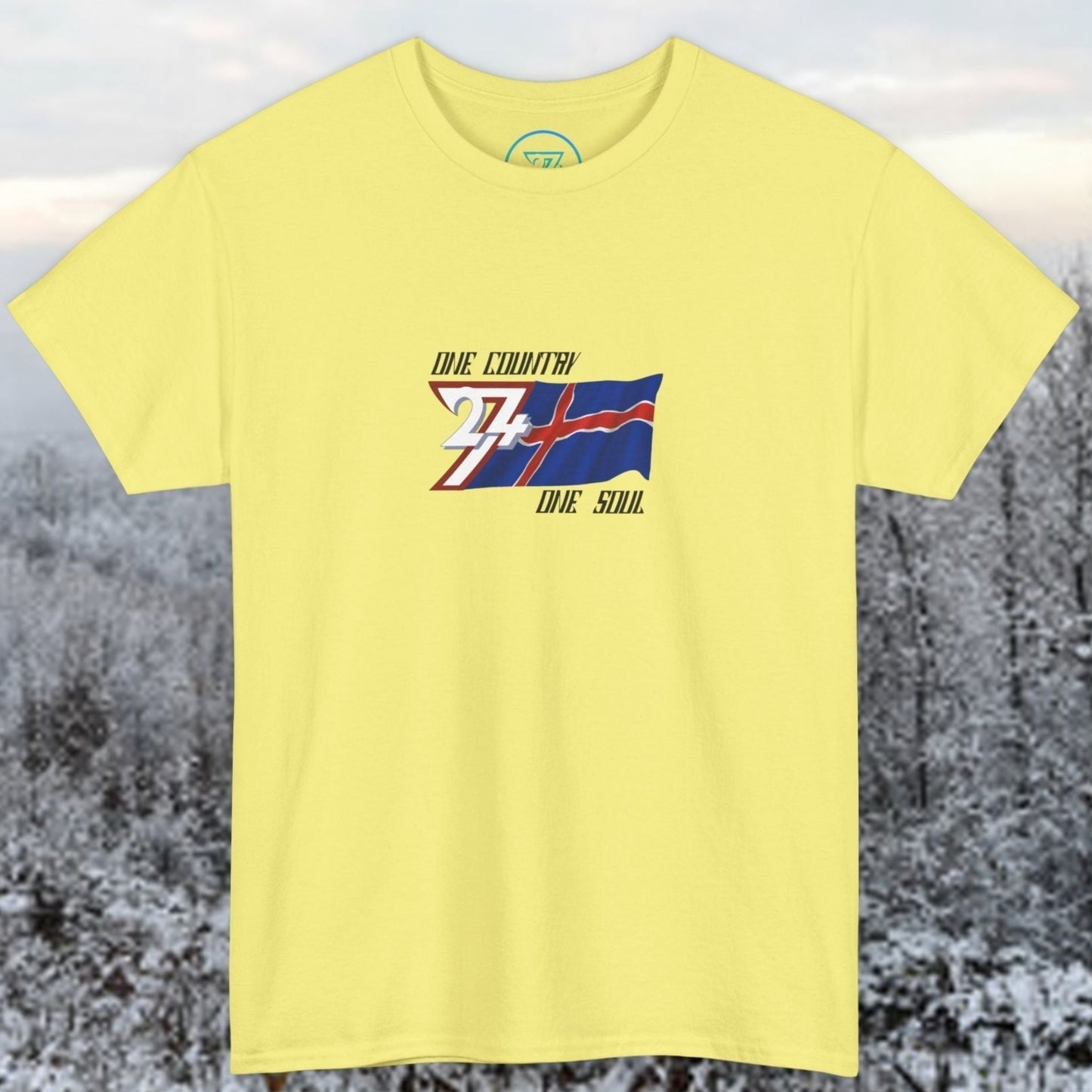 Complete front-on display of the Cornsilk Iceland heritage t-shirt with the hand-drawn flag.