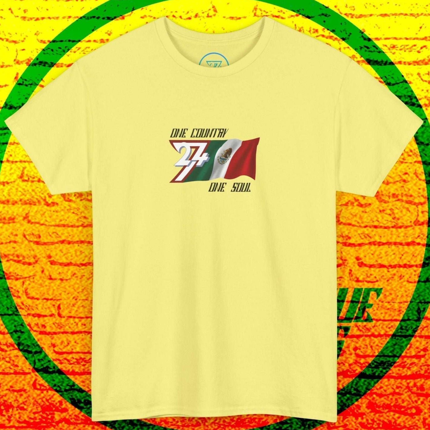 Complete front-on display of the Cornsilk Mexico heritage t-shirt with the hand-drawn flag.