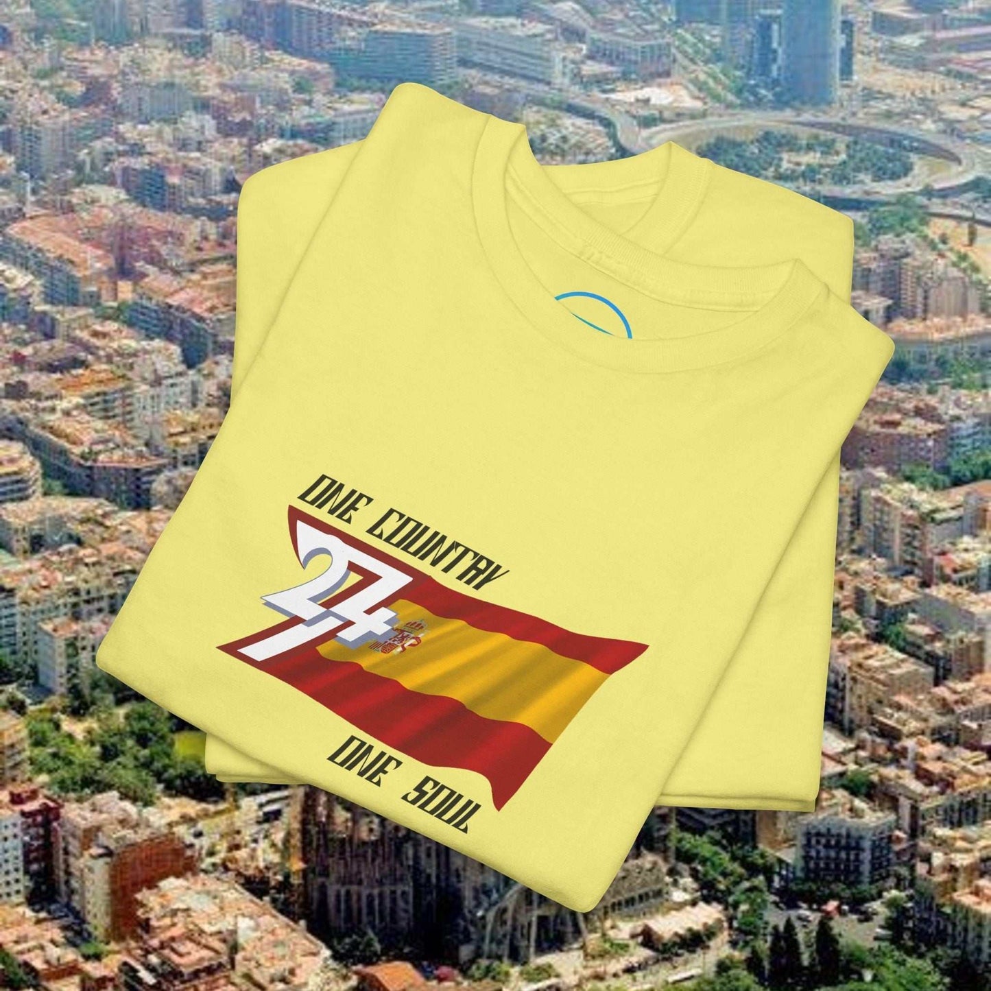 Yellow Spain flag graphic tee with hand-drawn España design and "One Country One Soul" text, unisex style