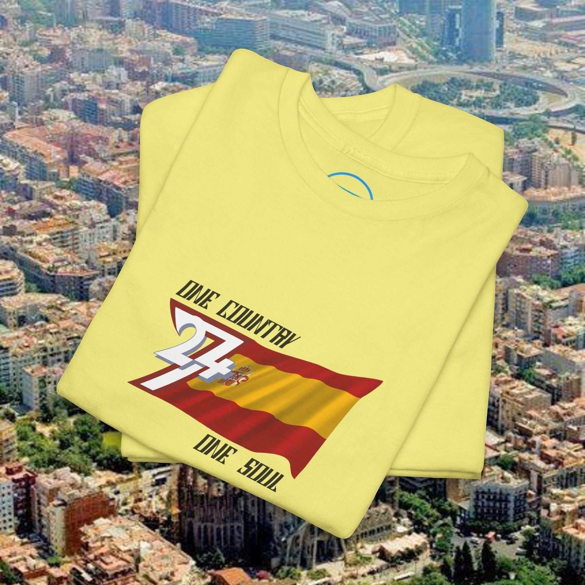 Yellow Spain flag graphic tee with hand-drawn España design and "One Country One Soul" text, unisex style