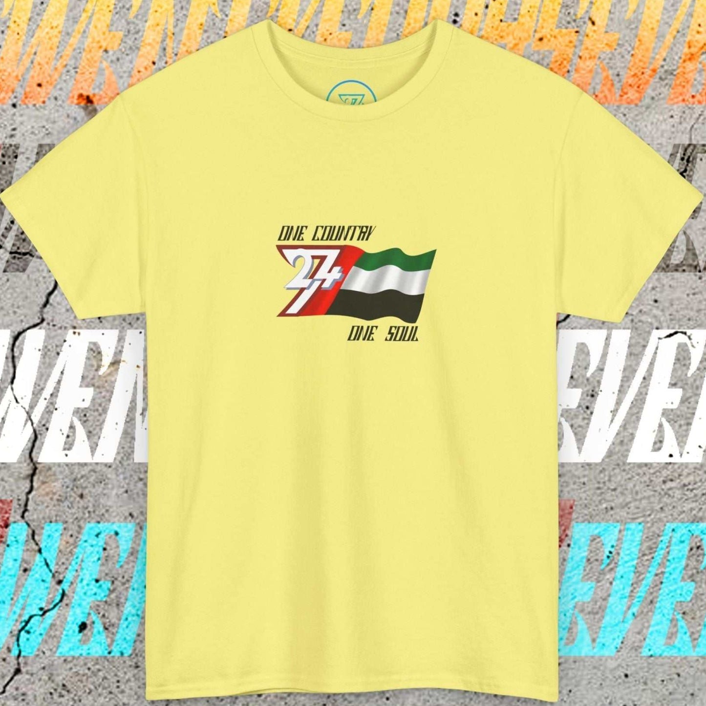 Complete front-on display of the Cornsilk UAE heritage t-shirt with the hand-drawn flag.