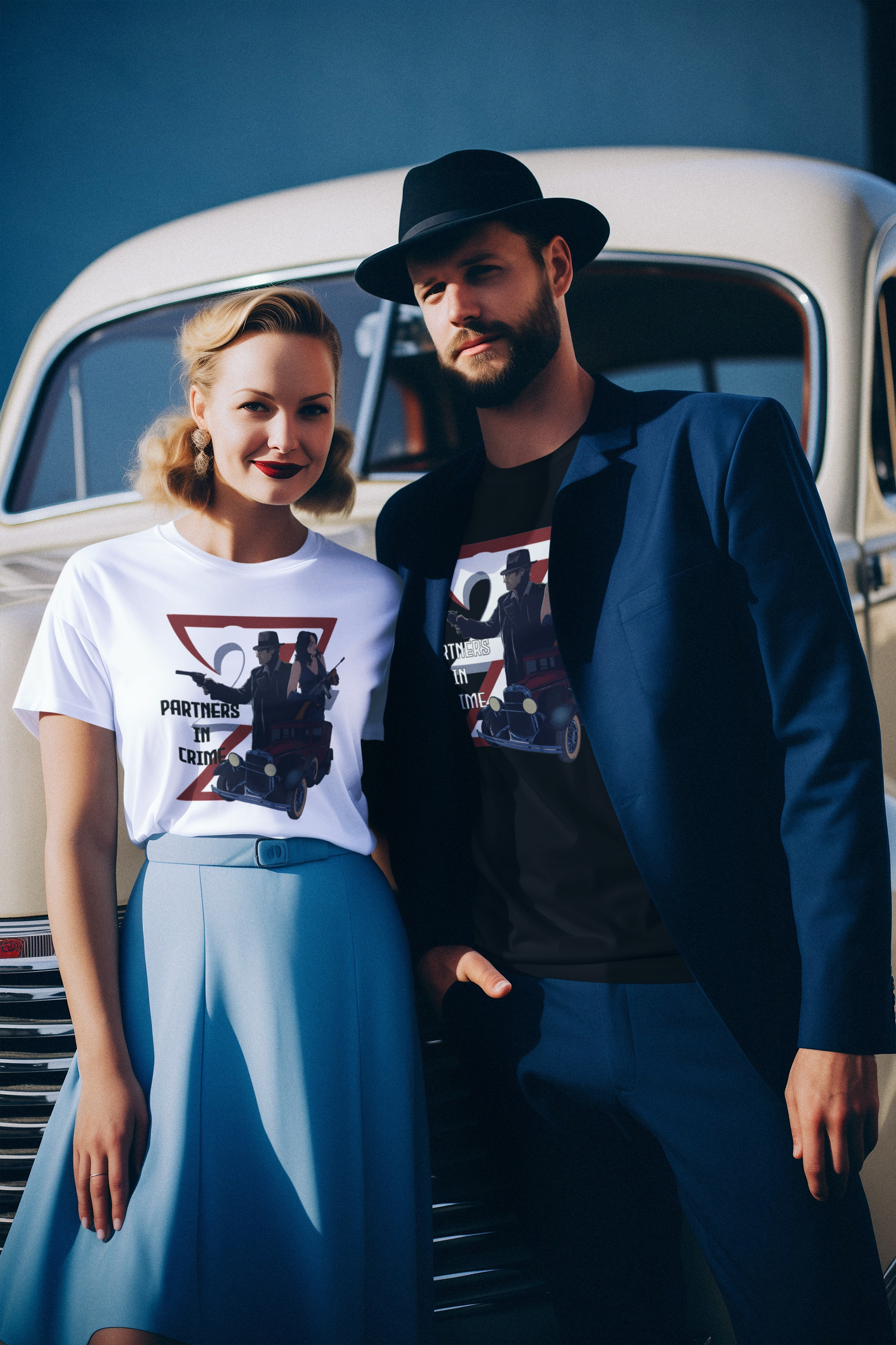 A couple dressed in elegant vintage attire, wearing the black and white 1930s gangster graphic tees while posing confidently next to a retro classic car.