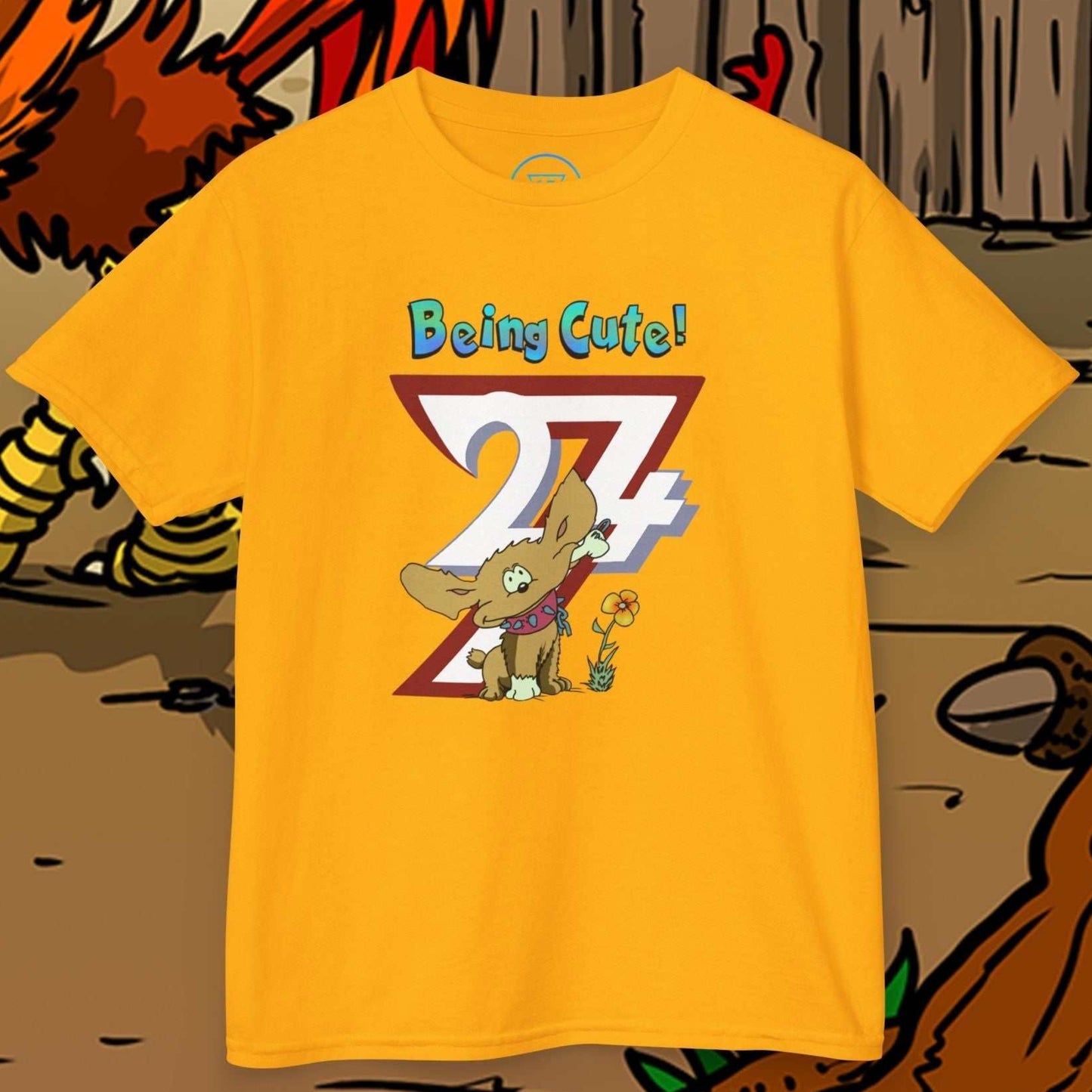Cute Hand-Drawn Puppy Kids T-Shirt in Gold featuring the hand-drawn Chomper dog illustration.