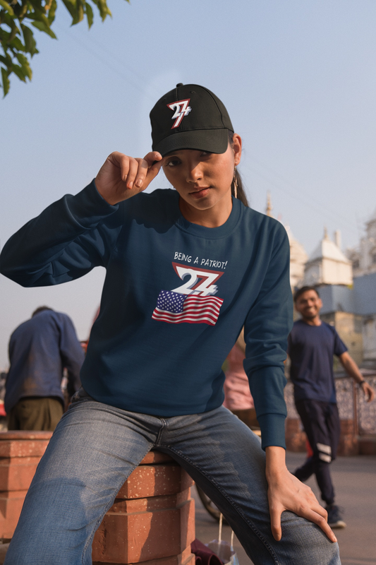 American Flag Patriot Sweatshirt with vibrant hand-drawn flag design, unisex fit, and cotton-polyester blend for comfort and durability.