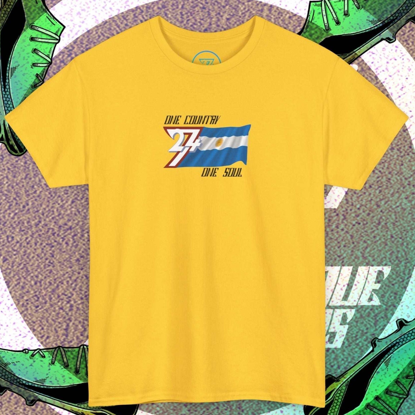 Front view of the Daisy Argentina "Aura" edition shirt featuring the hand-drawn flag and national motto.