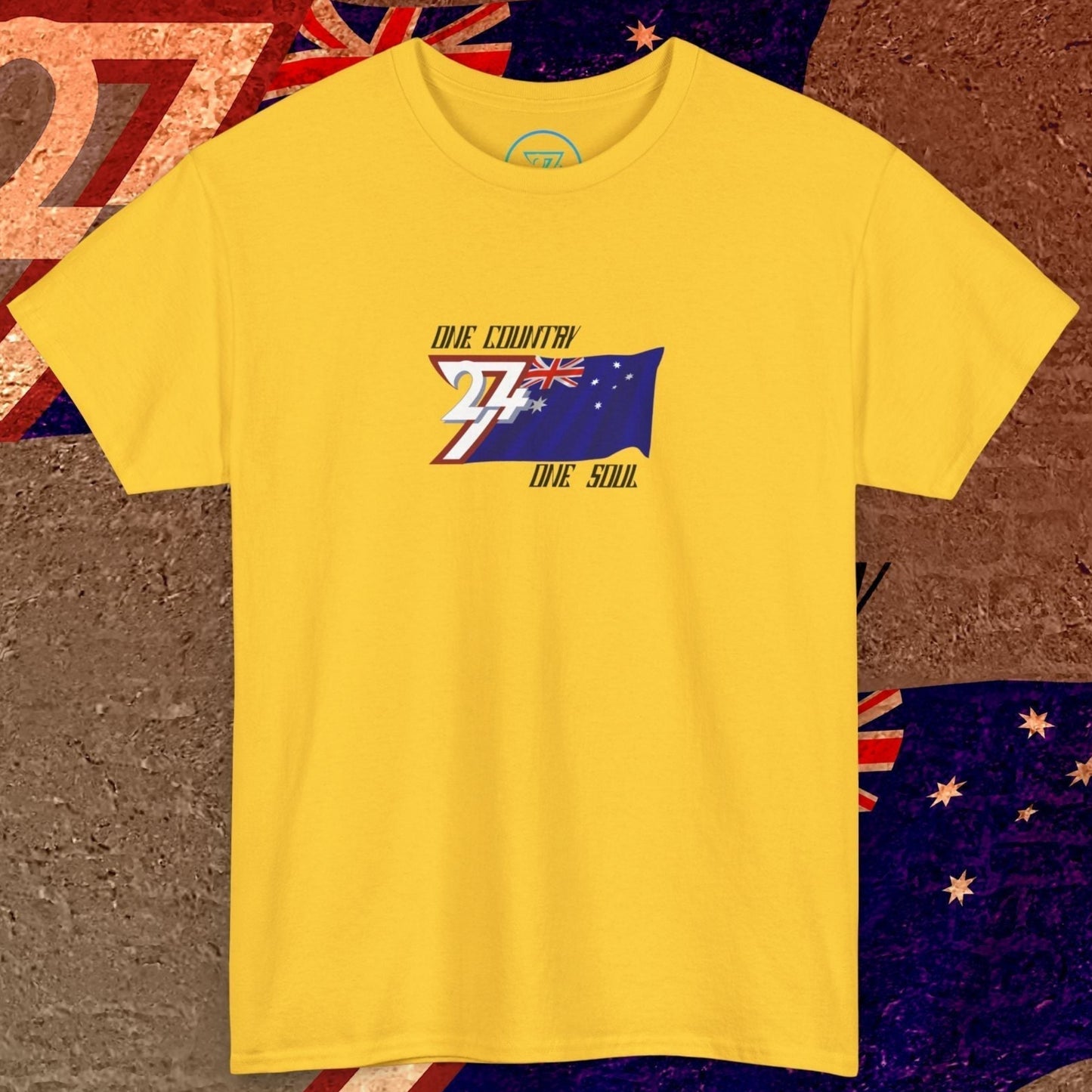 Front view of the Daisy Australia "Horizon" edition shirt featuring the hand-drawn flag and national motto.