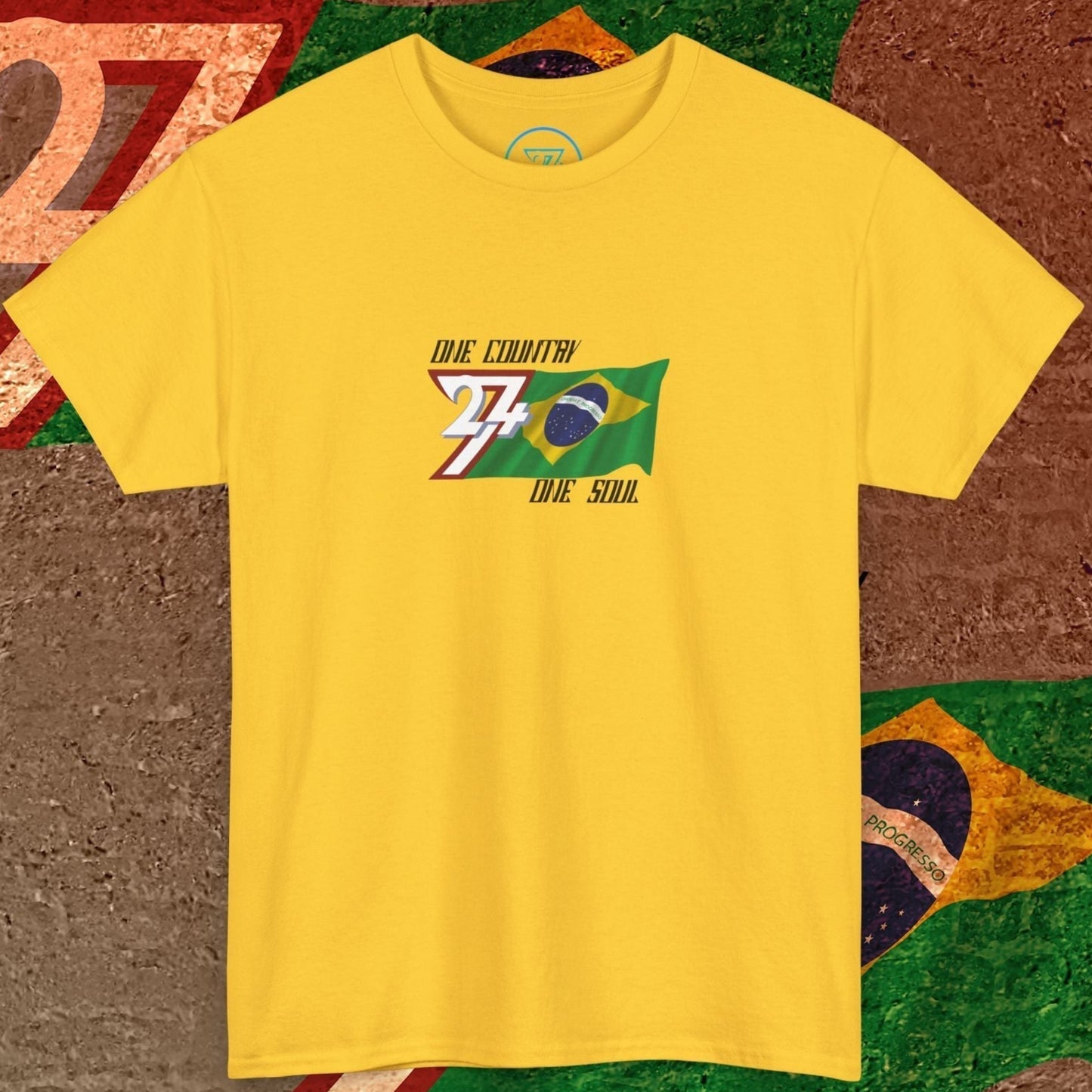 Front view of the Daisy Brazil "Ordem" edition shirt featuring the hand-drawn flag and national motto.