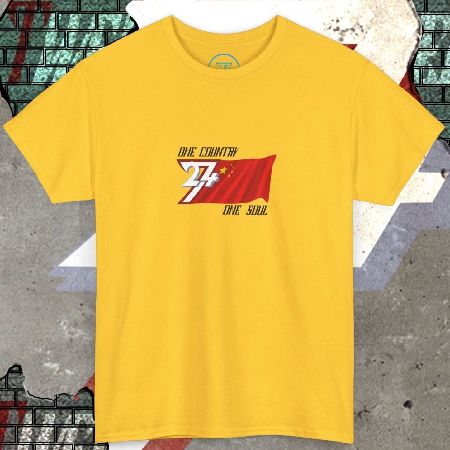 Front view of the Daisy China "Legacy" edition shirt featuring the hand-drawn flag and national motto.
