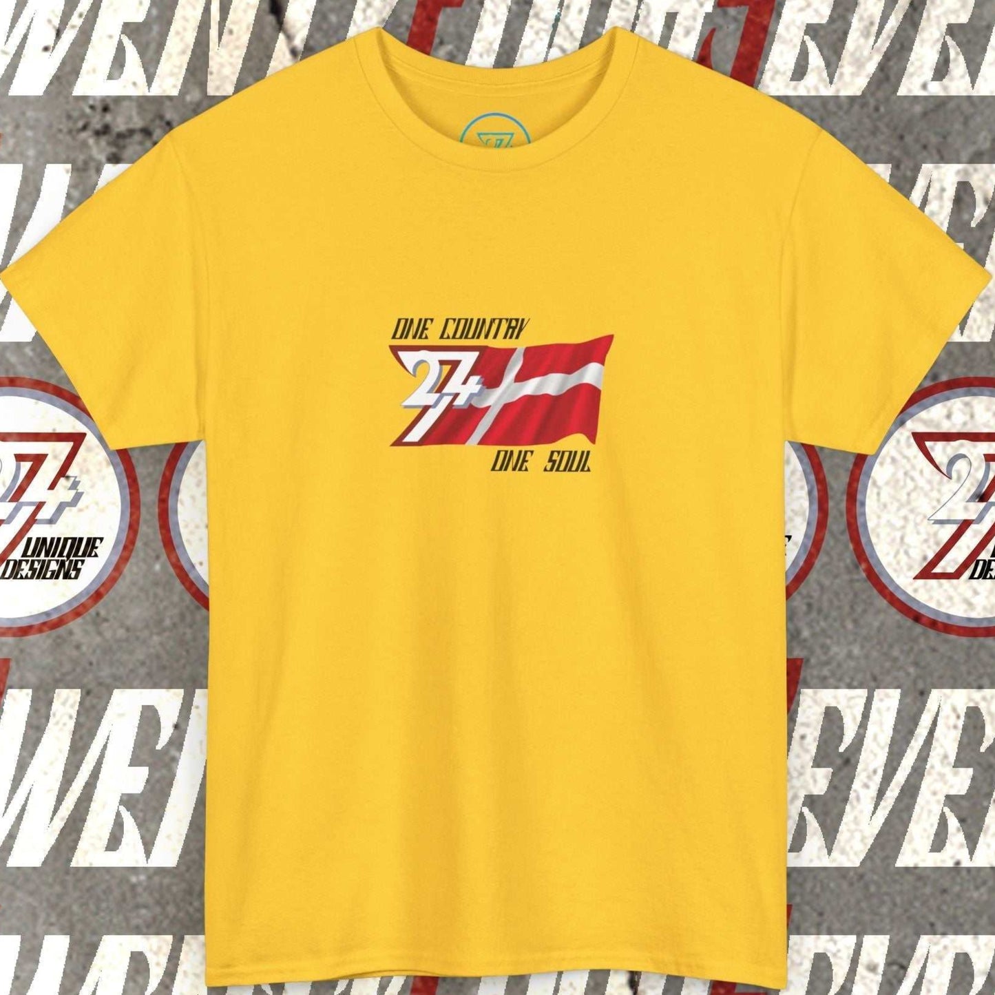 Front view of the Daisy Denmark "Unity" edition shirt featuring the hand-drawn flag and national motto.