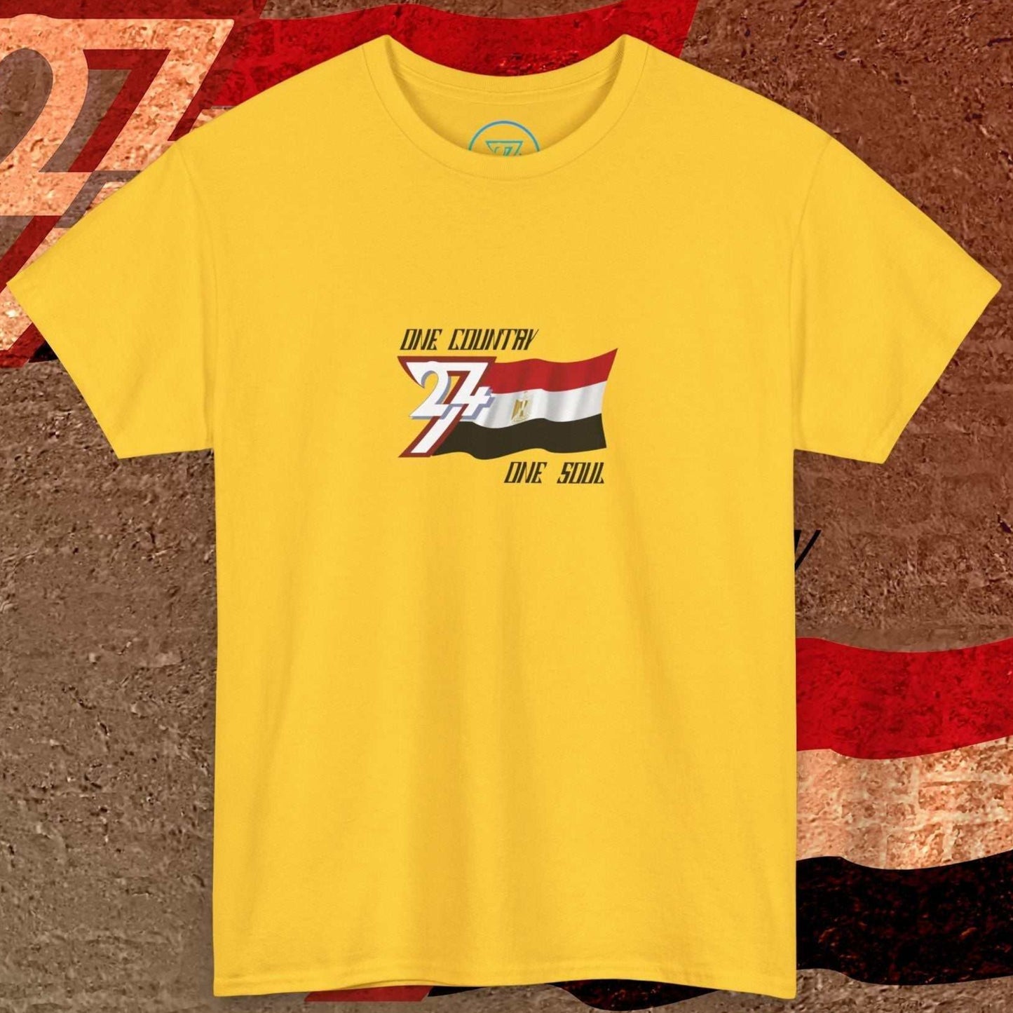 Front view of the Daisy Egypt "Eternal" edition shirt featuring the hand-drawn flag and national motto.