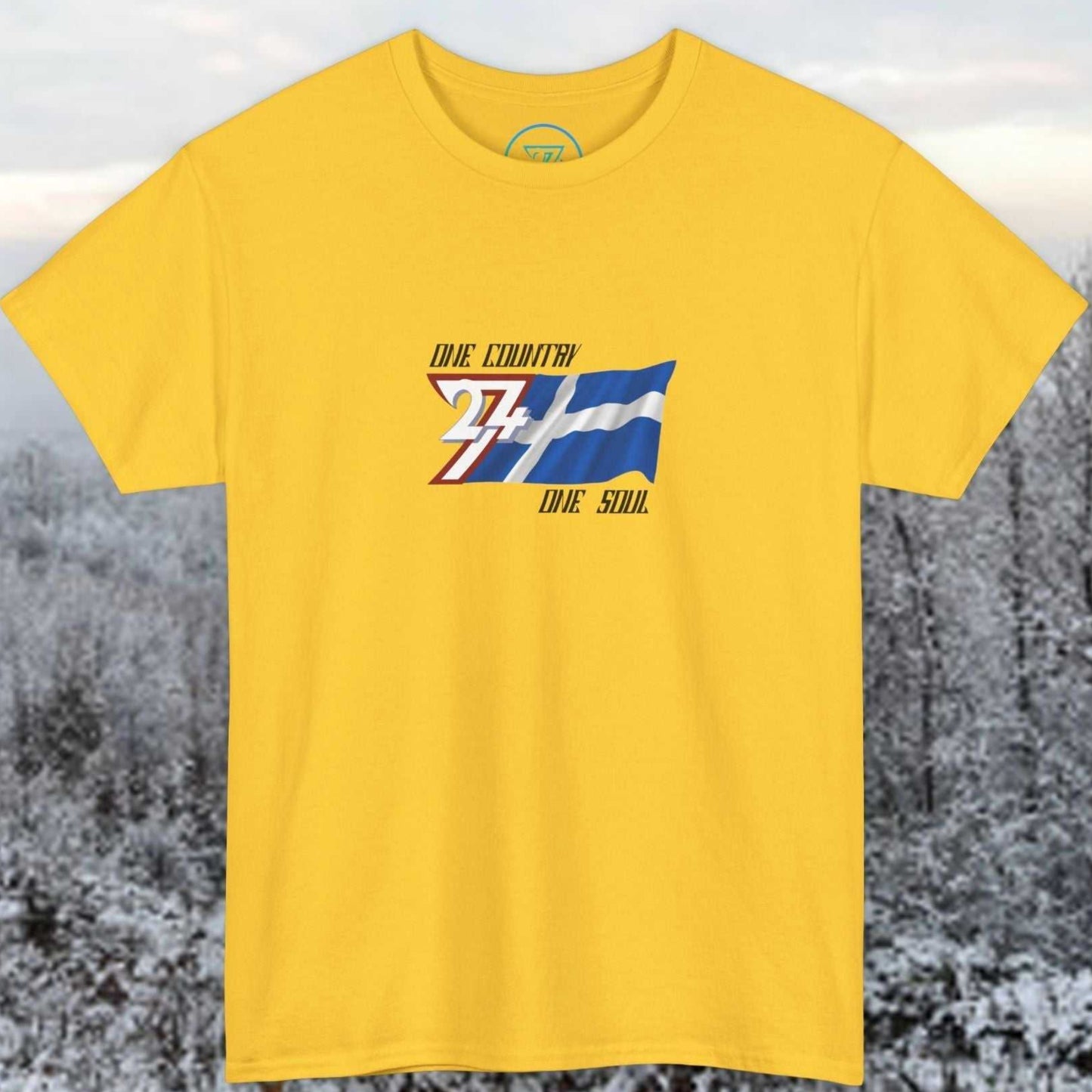 Front view of the Daisy Finland "Sisu" edition shirt featuring the hand-drawn flag and national motto.