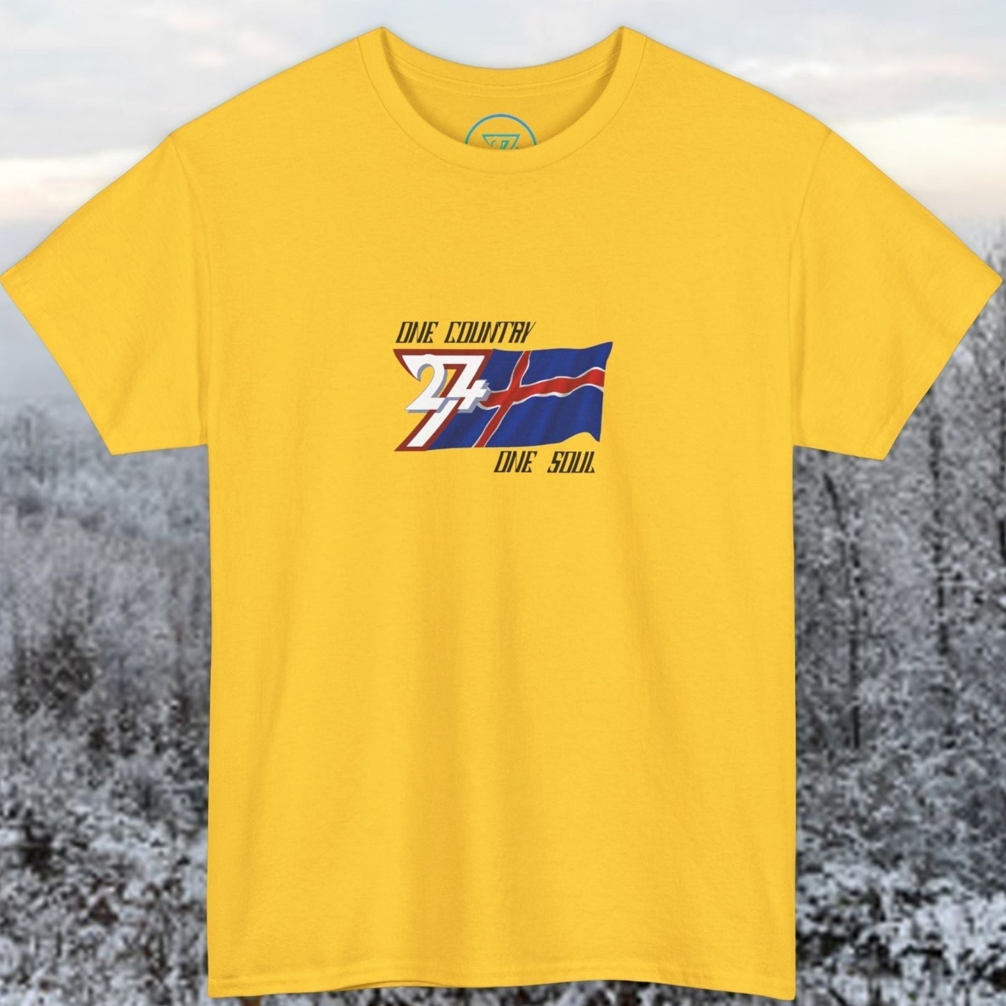 Front view of the Daisy Iceland "Frost" edition shirt featuring the hand-drawn flag and national motto.