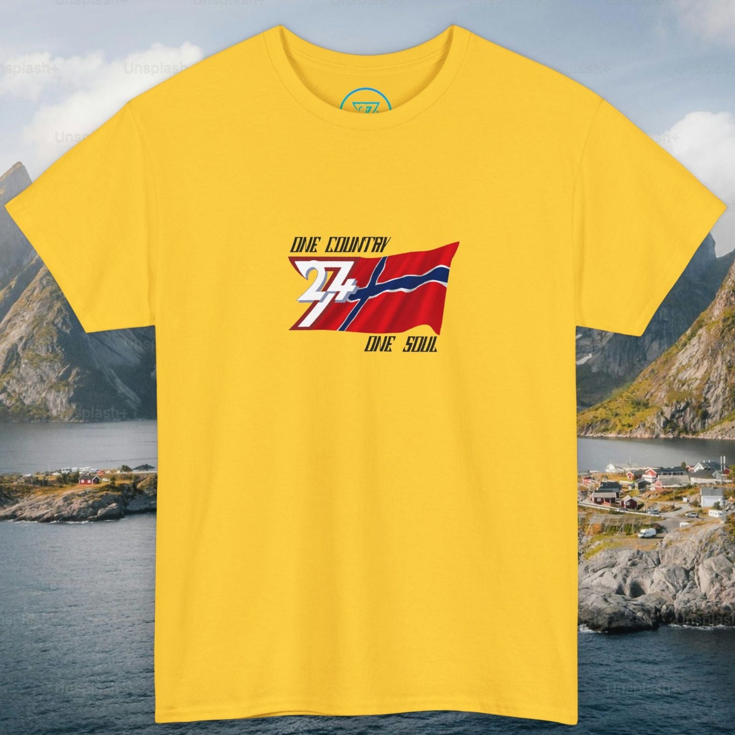 front view of daisy yellow graphic t-shirt featuring a digitally hand-drawn Norway flag design.