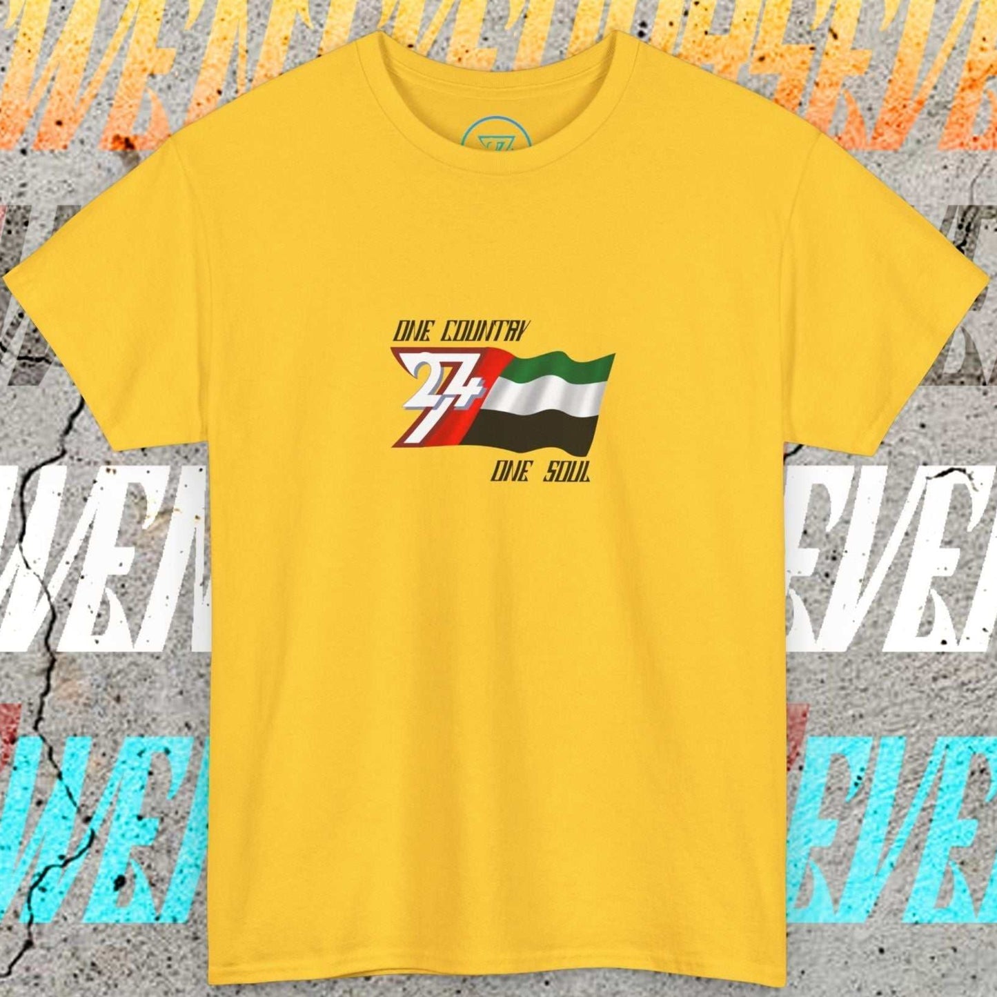 Front view of the Daisy UAE "Vision" edition shirt featuring the hand-drawn flag and national motto.