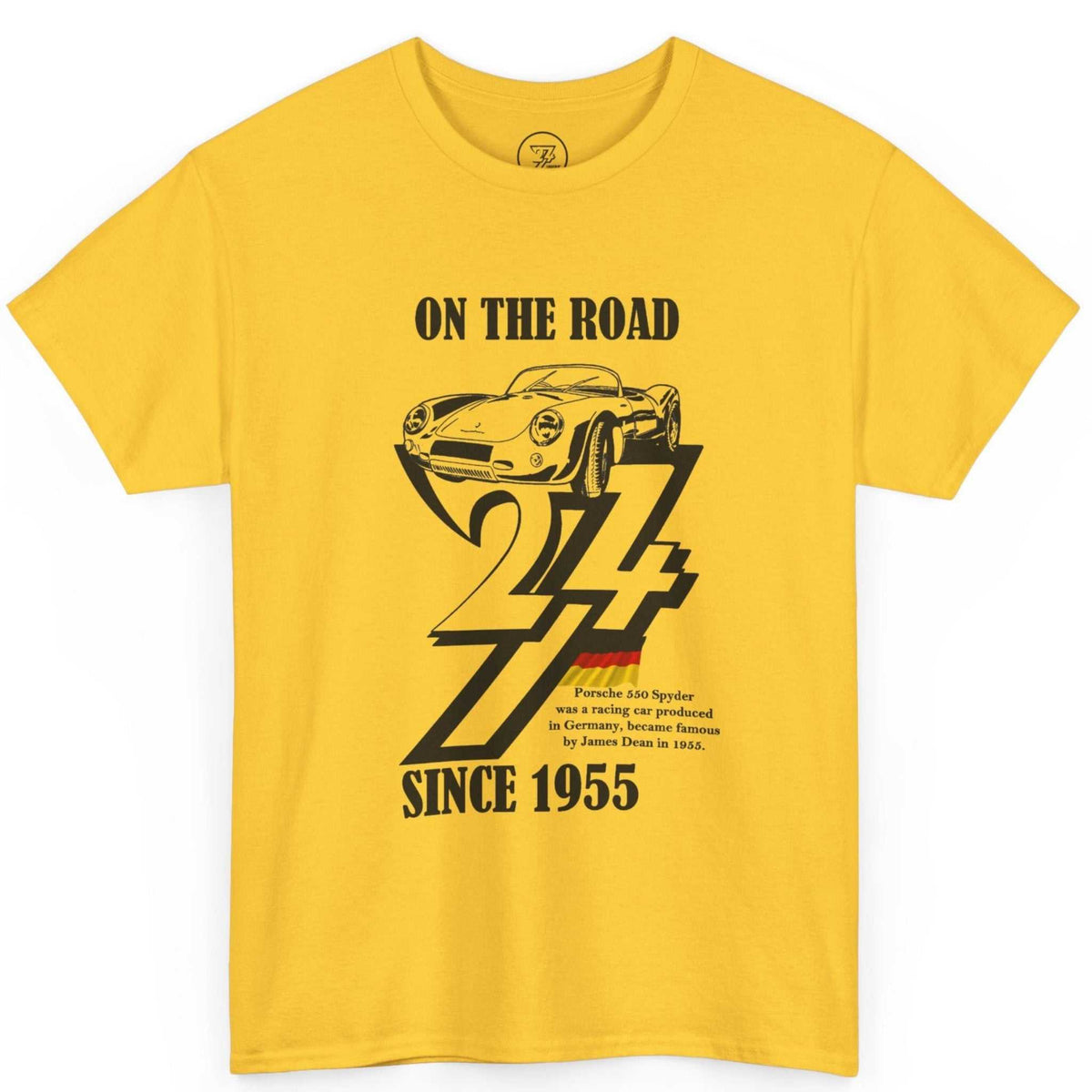 Front view of a bright daisy yellow born in 1955 t-shirt featuring the digitally hand-drawn 1955 Porsche 550 Spyder illustration, displayed on a clean background.