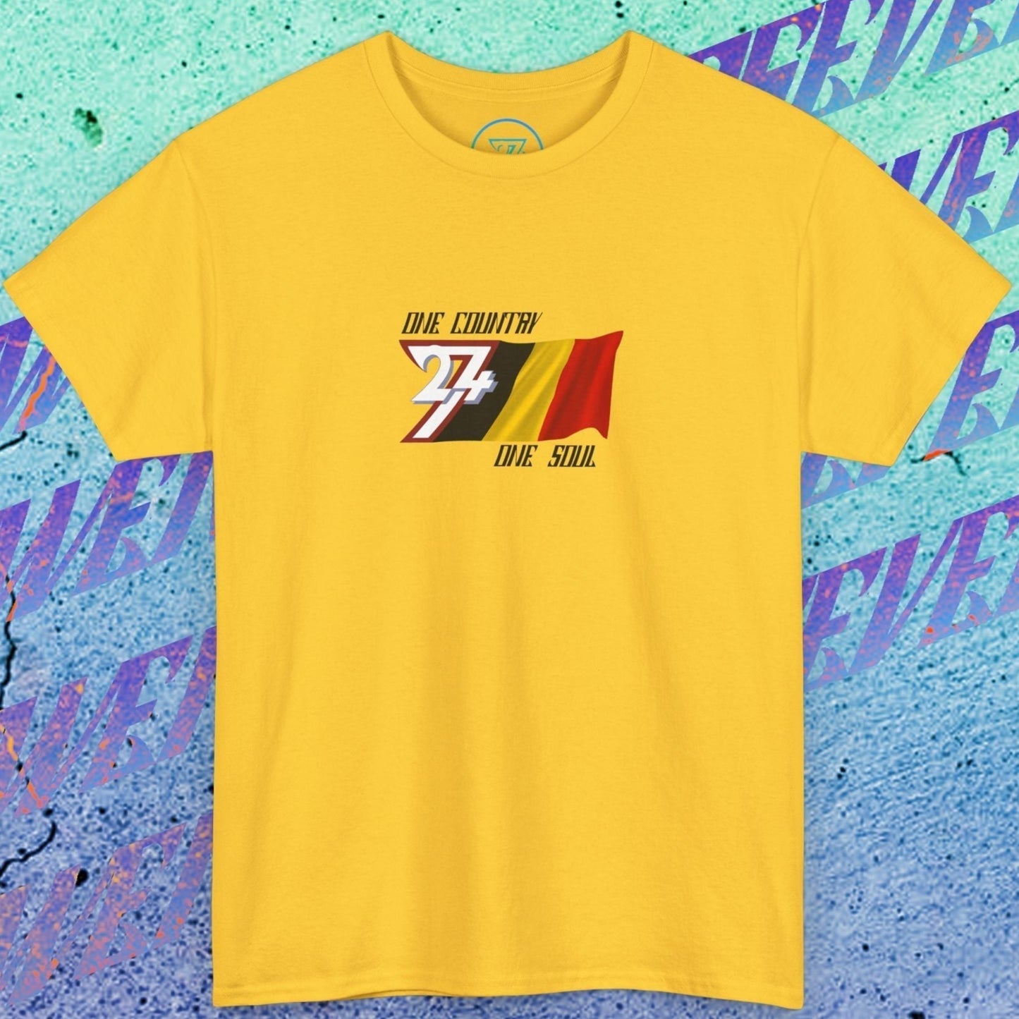 Front view of the Daisy Belgium "Brave" edition shirt featuring the hand-drawn flag and national motto.
