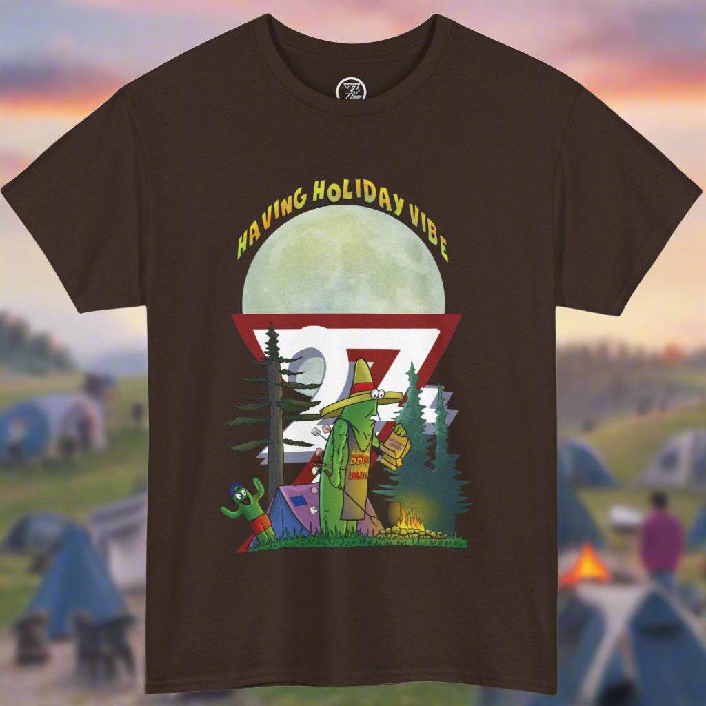 Dark chocolate brown t-shirt featuring a cartoon cactus wearing a BBQ King apron with marshmallows stuck to his back spikes, alongside a smaller cheering cactus.