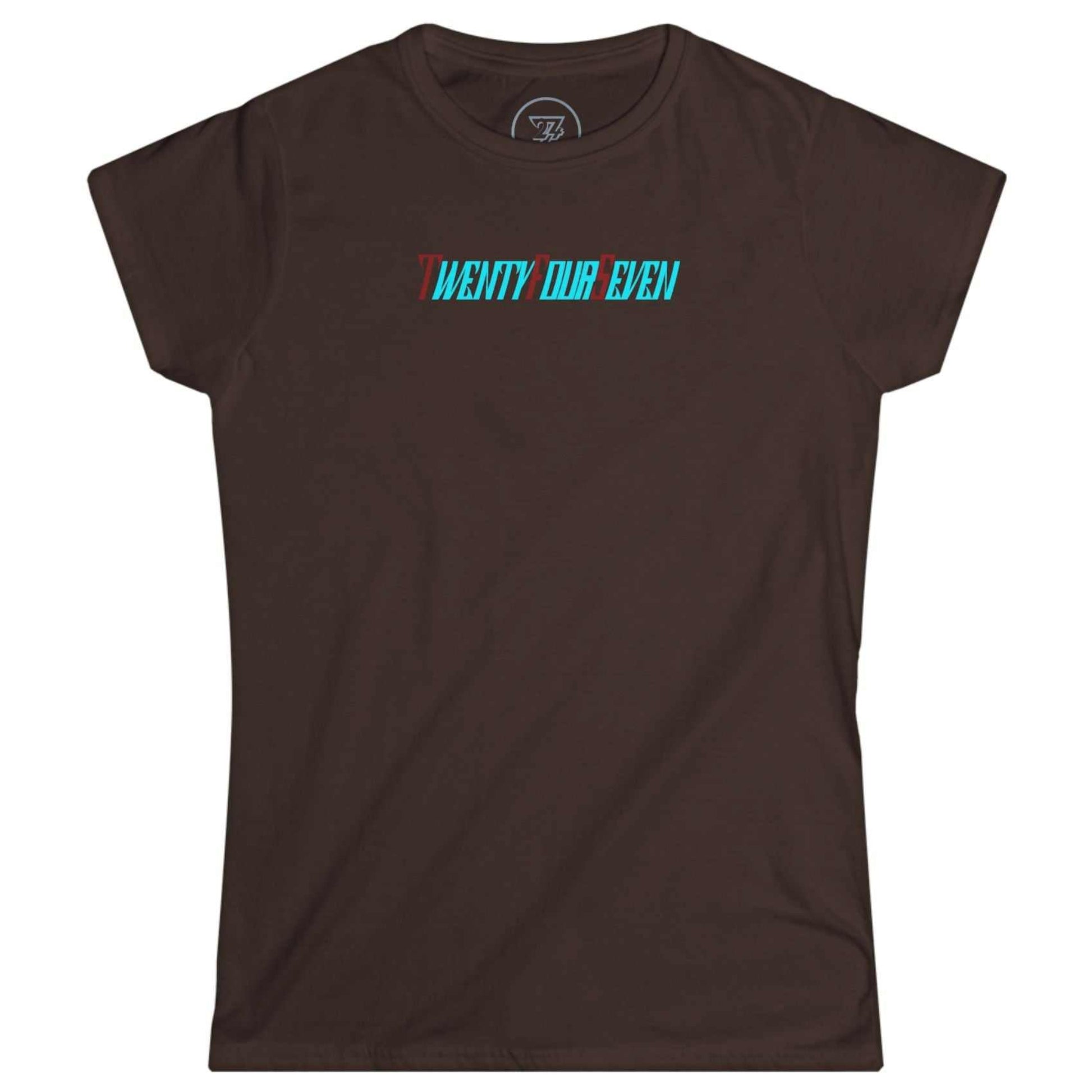 Rich dark chocolate brown women's casual tee displaying the distinctive 24/7 brand script graphic.