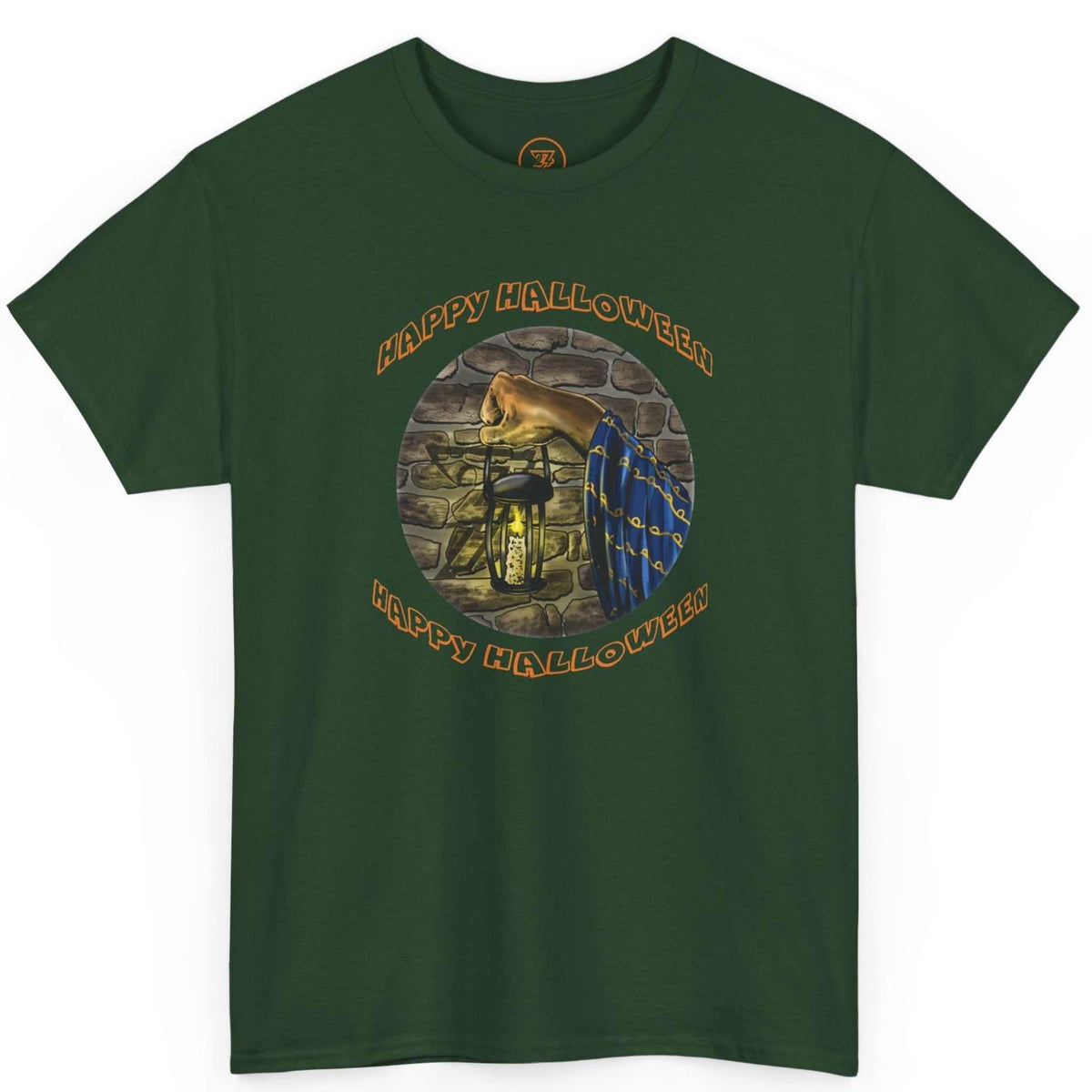 Front view of a dark forest green Halloween wizard graphic tee featuring the digitally hand-drawn lantern art, displayed flat on a clean background.