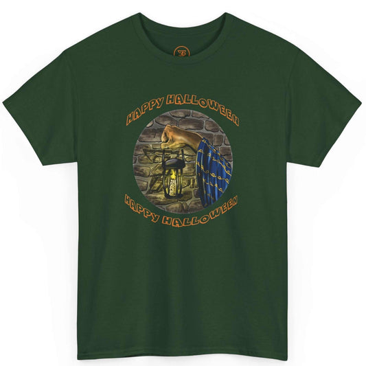 Front view of a dark forest green Halloween wizard graphic tee featuring the digitally hand-drawn lantern art, displayed flat on a clean background.