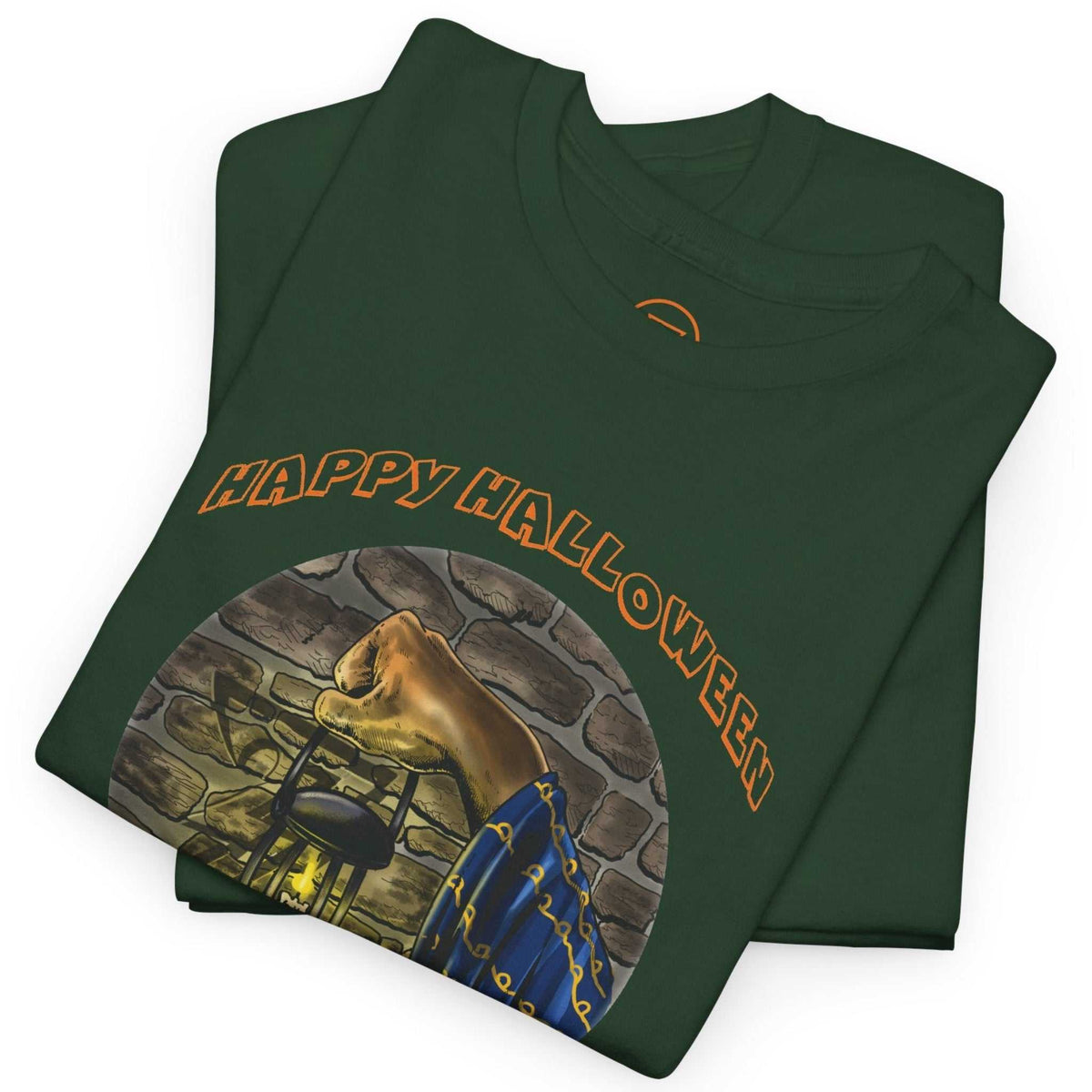Neatly folded dark forest green hand-drawn fantasy apparel highlighting the crisp digital front print and durable fabric, laid flat.