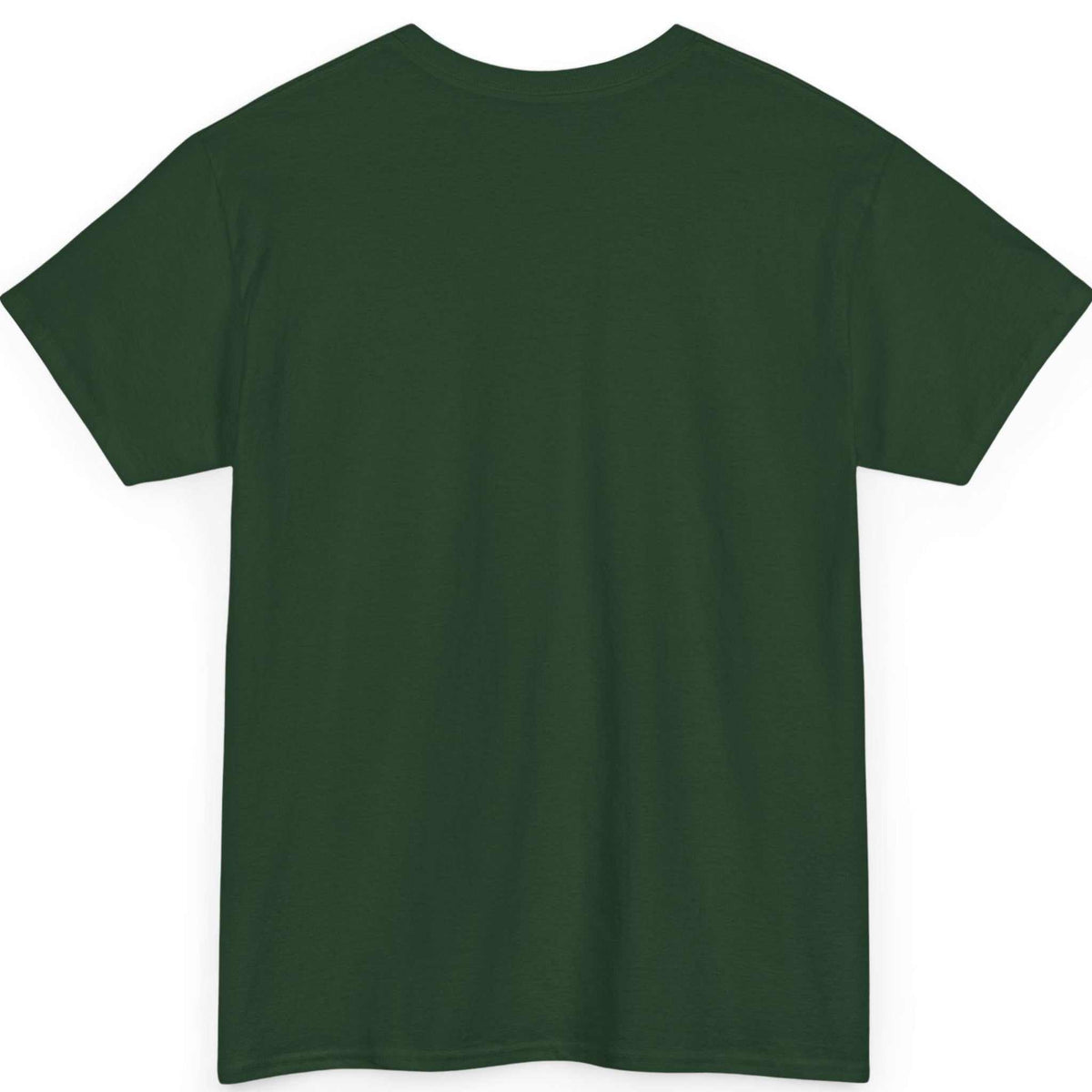Back view of the dark forest green magic and mystery shirt, showing the clean, unprinted tubular back canvas.