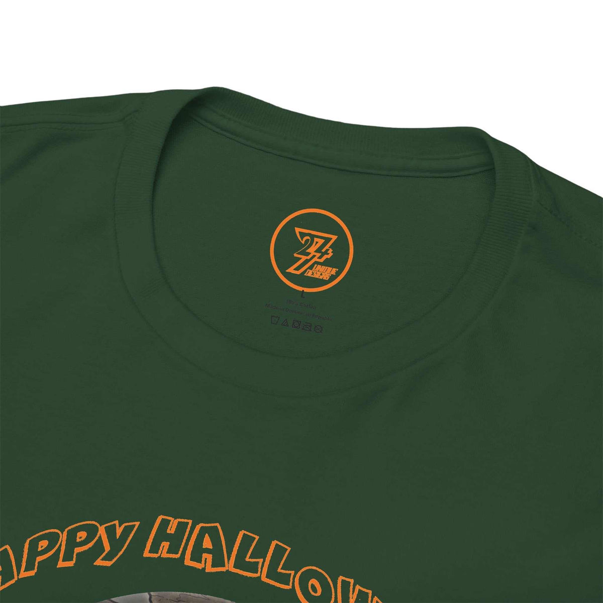 Close-up of the ribbed knit collar on the dark forest green wizard aesthetic tee, clearly showing the official 24/7 Unique Designs trademark logo inner label branding.