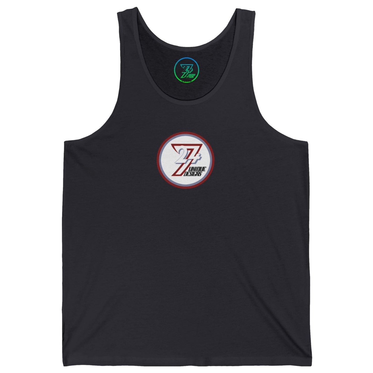 Dark gray women's comfortable active top displaying the 24/7 Unique Designs core trademark.