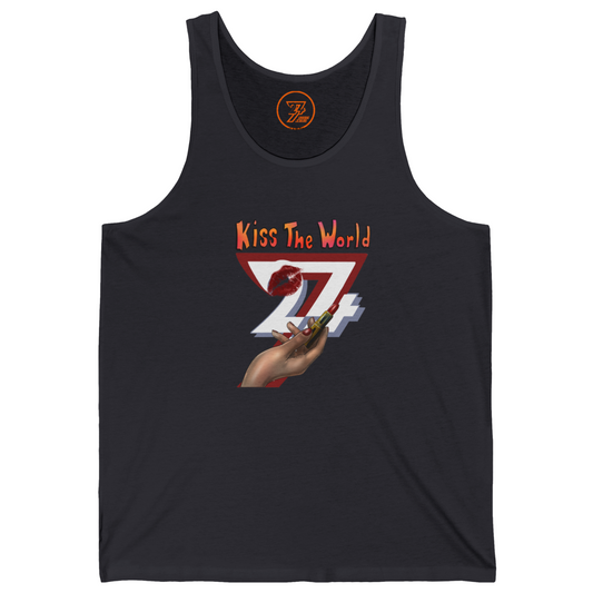 Dark gray relaxed fit summer top showcasing an 80s vibe red lips and text design.