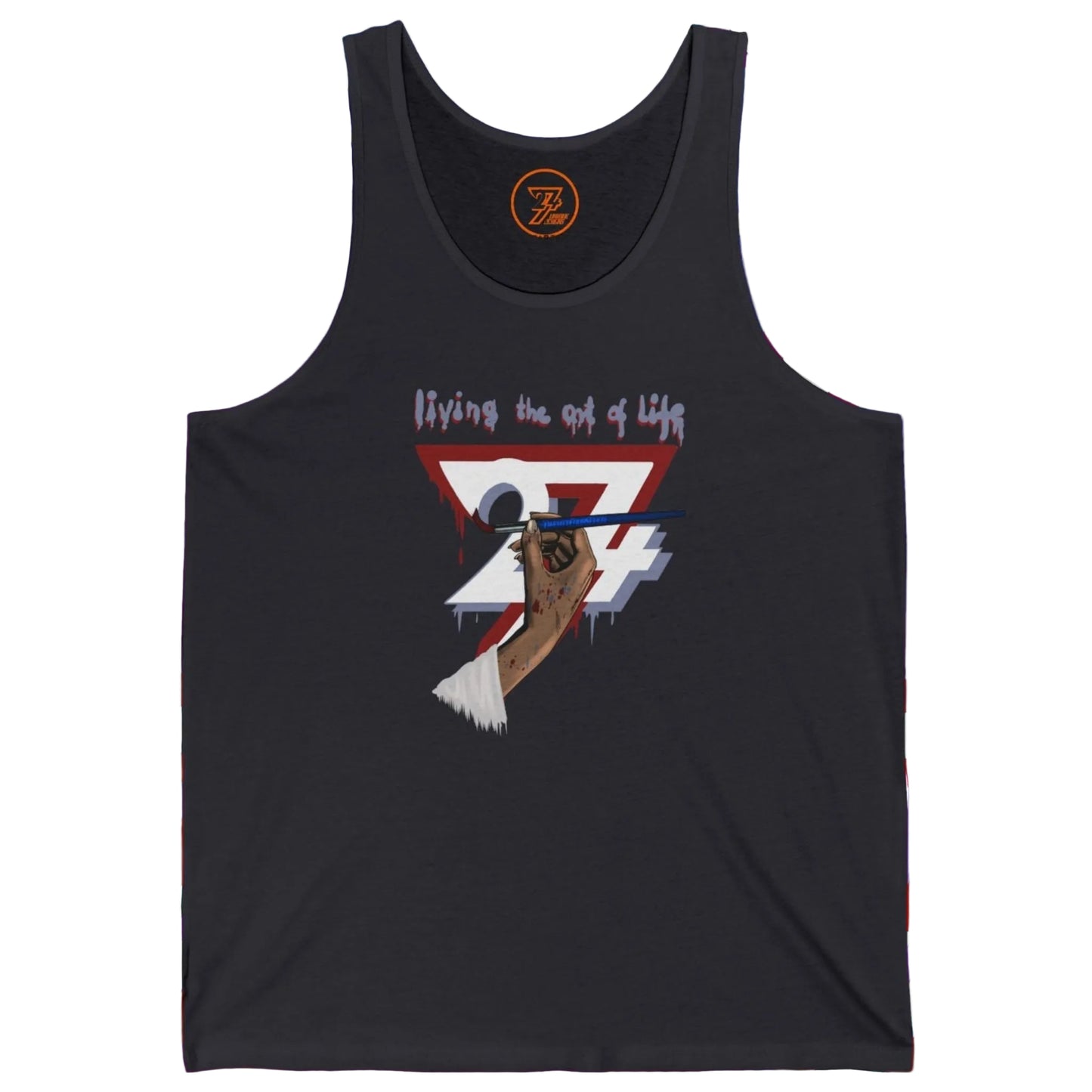 Dark gray relaxed fit summer shirt showcasing a creative paintbrush and logo design.
