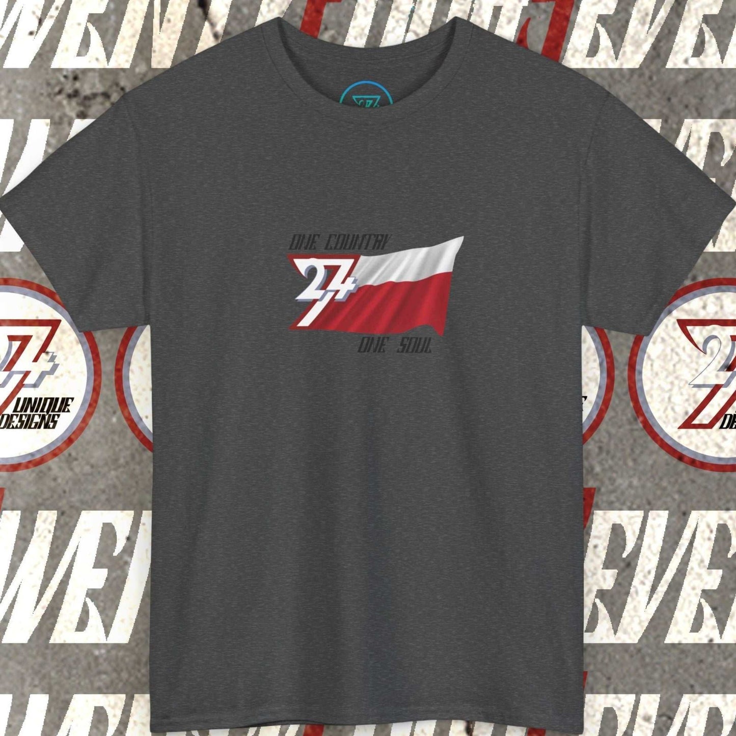 Front view of a dark gray graphic t-shirt featuring a digitally hand-drawn Poland flag design.