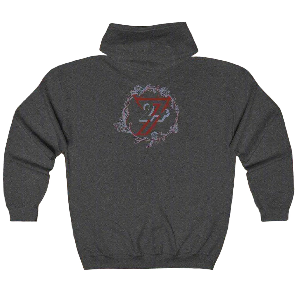 Women's flower zip hoodie by 24/7 Unique Designs dark heather back