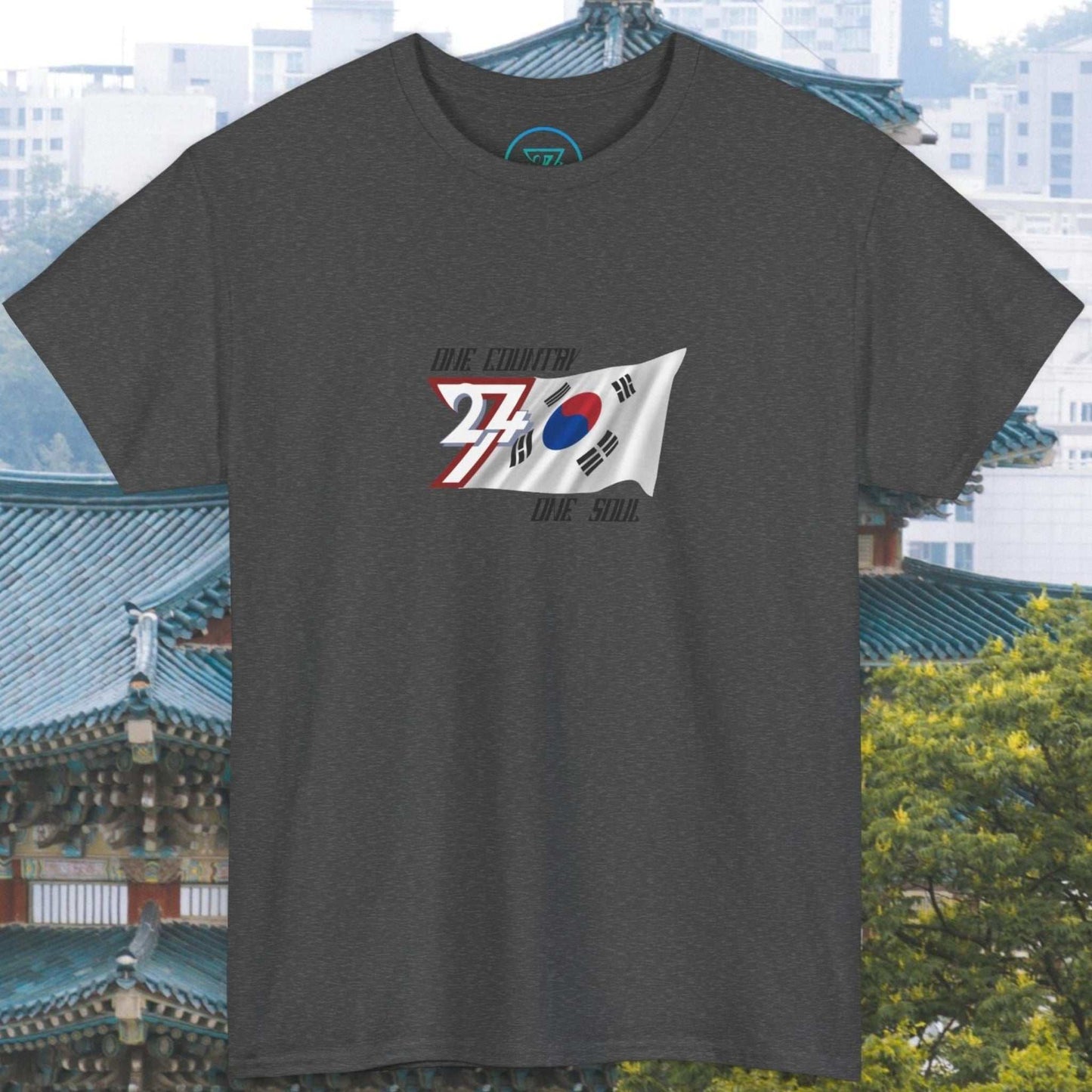 South Korea Flag Graphic Tee with hand-drawn Taegeukgi design on dark unisex cotton shirt
