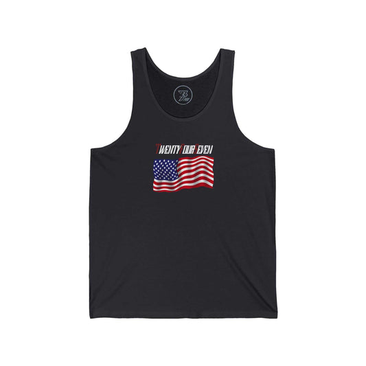 Dark gray women's jersey tank top with TwentyFourSeven brand text over a hand-drawn USA flag.