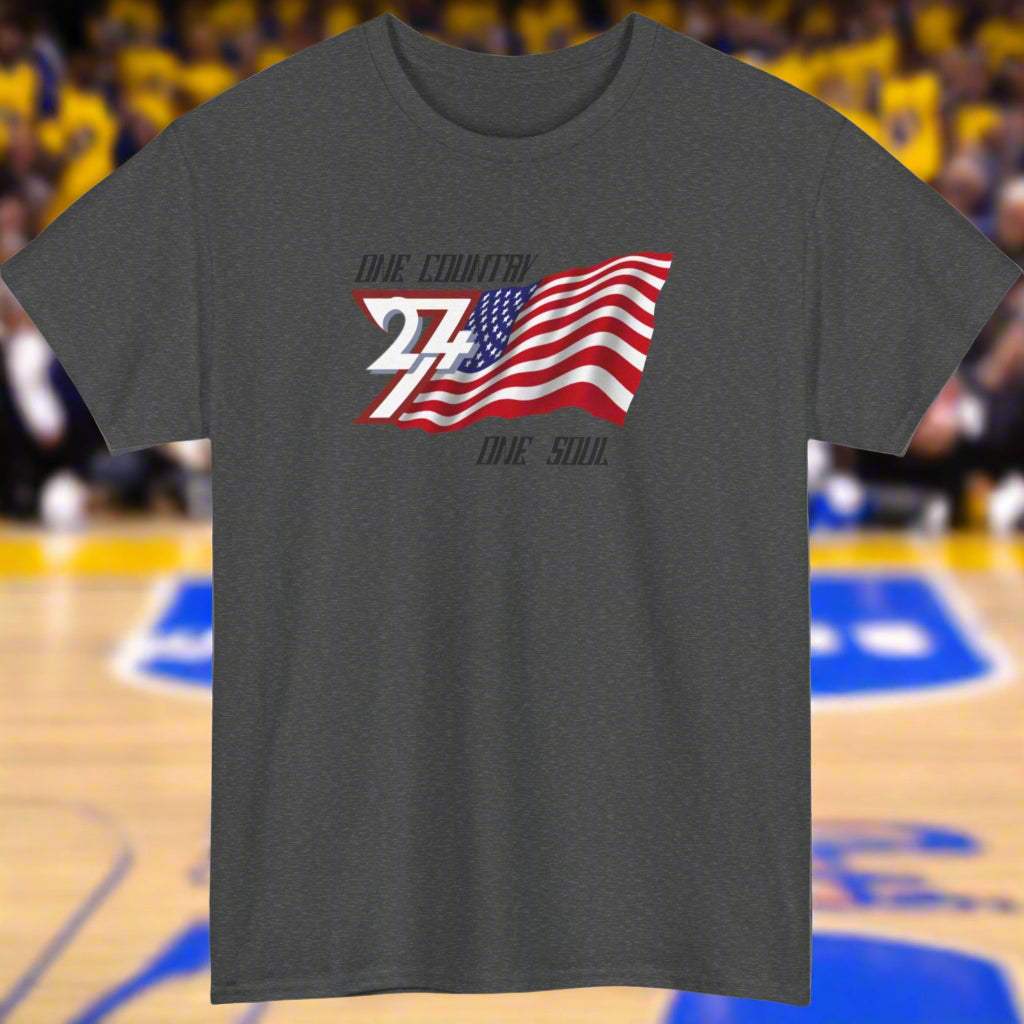 Dark gray USA Graphic Tee with a hand-drawn American flag and "One Country One Soul" slogan designed for patriotic celebrations.