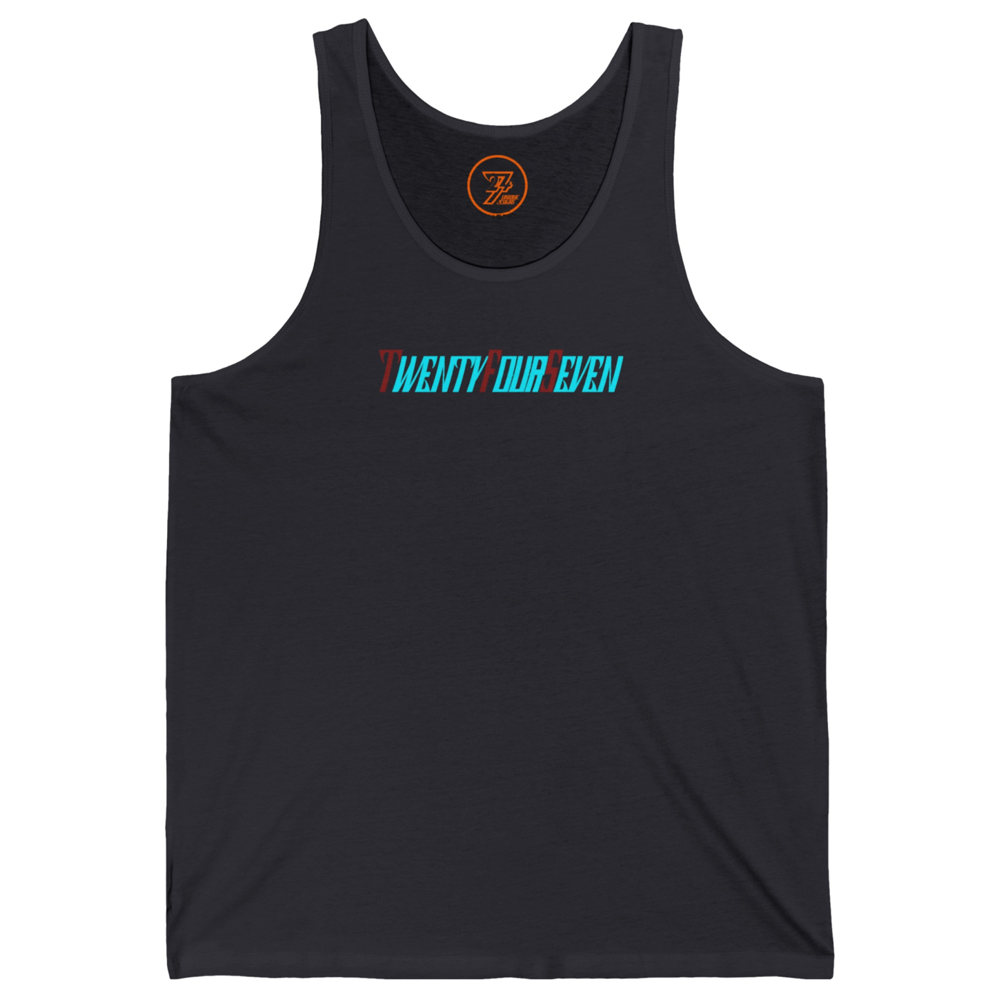 Dark grey comfortable retail fit tank with an eye-catching text design.