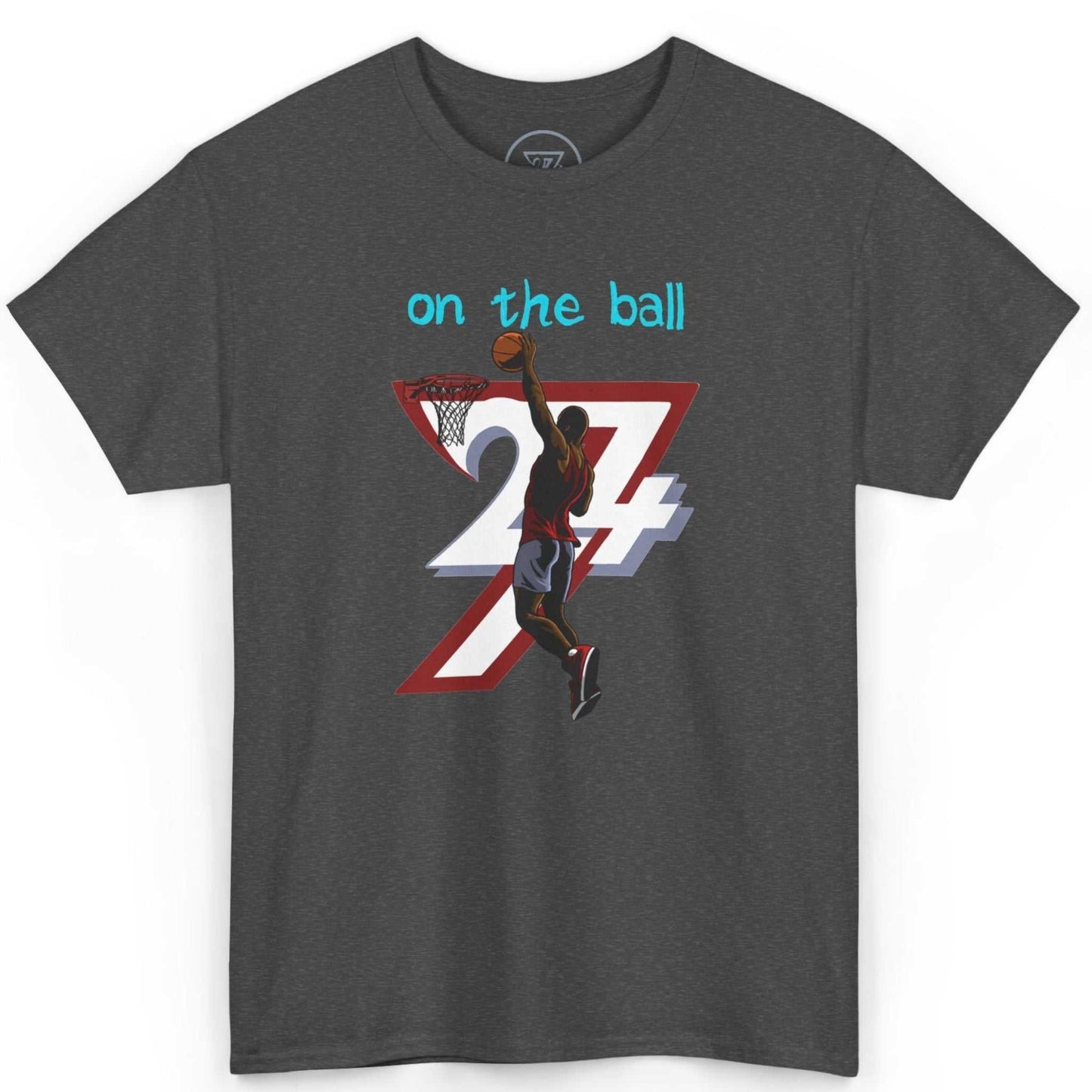 Front view of a dark heather gray 90s comic-style basketball tee featuring the 24/7 digital sports art, laid flat on a clean background.