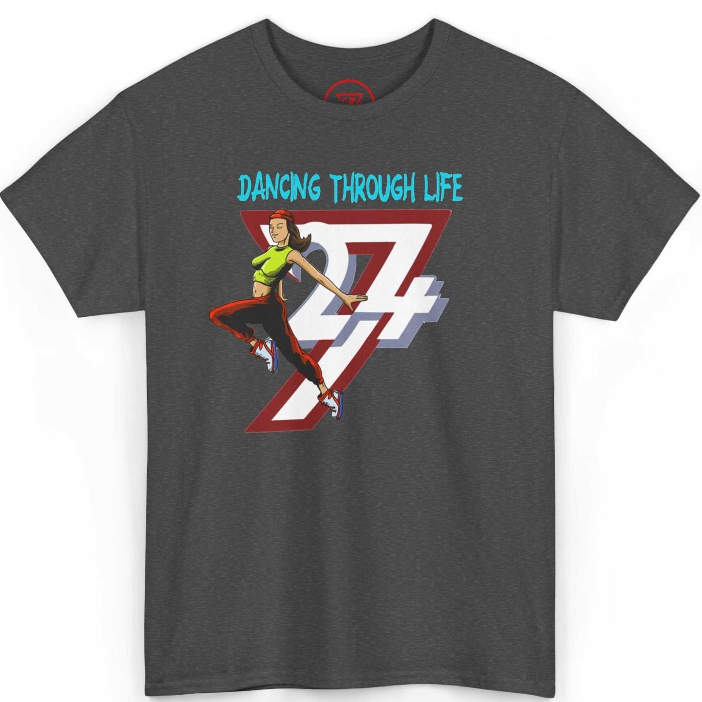 Front view of a dark heather grey 90s hip-hop clothing tee highlighting the dynamic comic-style illustration, displayed on a clean background.