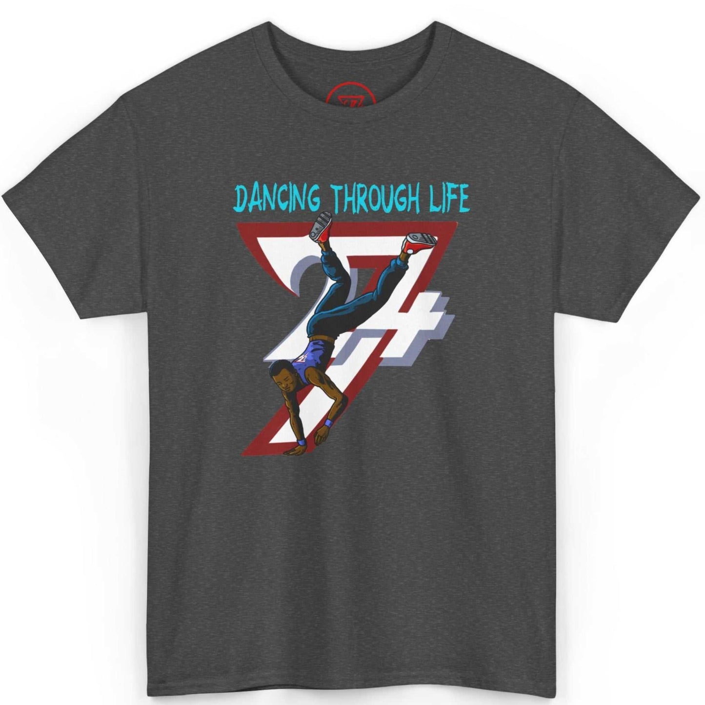Front view of a dark heather grey b-boy graphic apparel tee showcasing the retro 24/7 hip-hop graphic, displayed on a clean background.