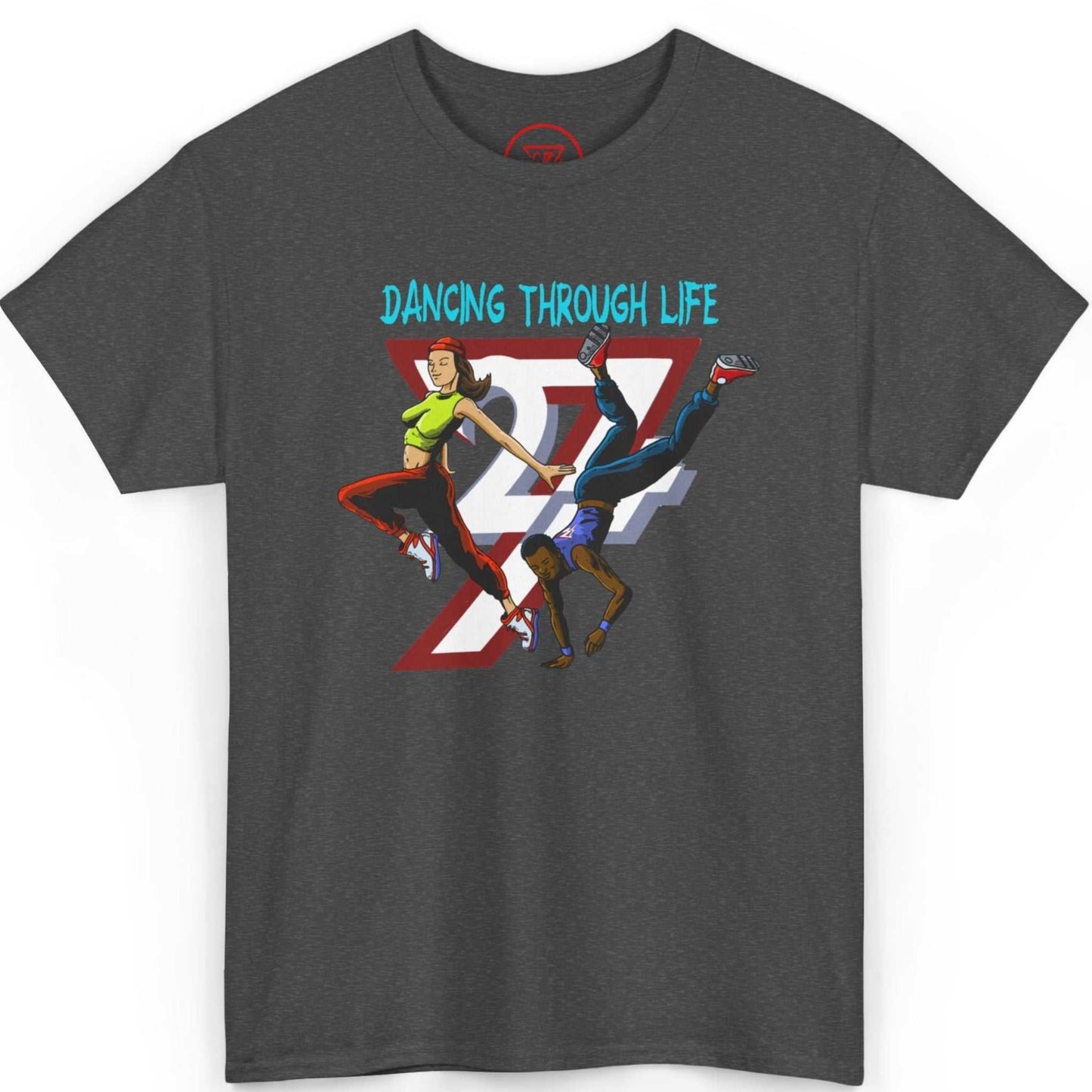 Front view of a dark heather grey block-party session tee featuring the vibrant Dancing Through Life graphic, laid flat.